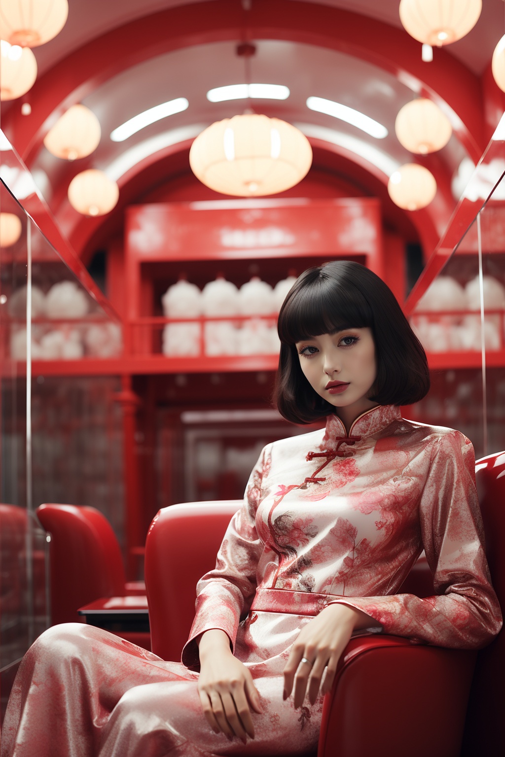 A Chinese girl with black hair,weilaishi,<lora:weilaishi-000006:0.7>,sit,glass,