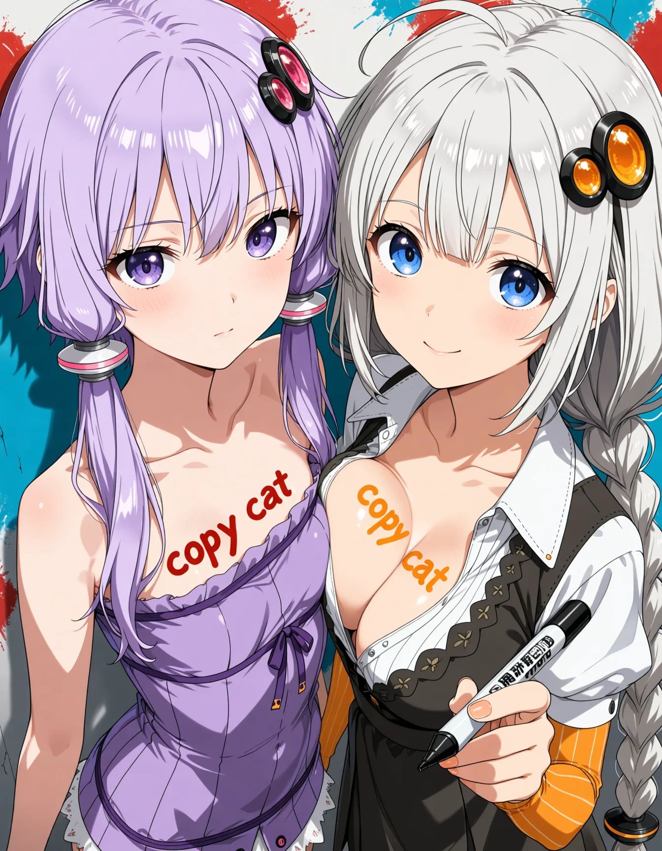 Two girls are leaning their chests together and looking up at viewer. The words “copycat” are written in marker on their c...