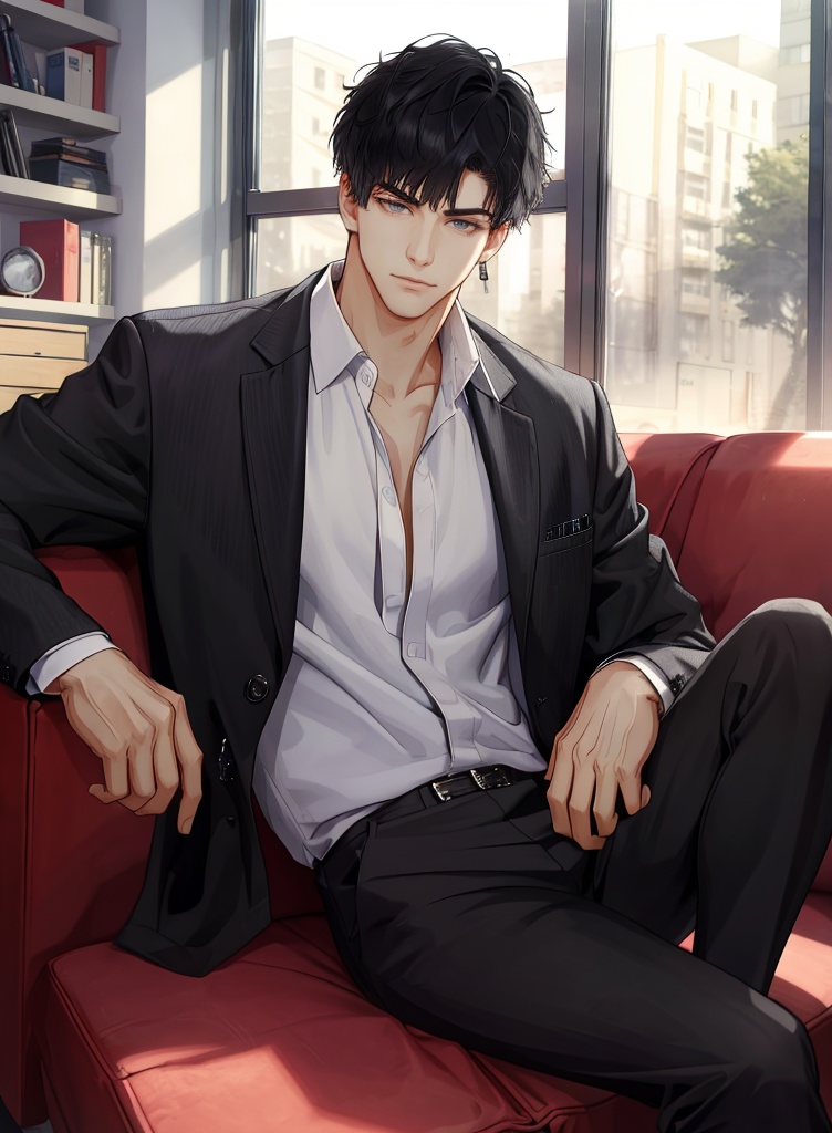 Osborn,<lora:Osborn-000008:1>,, masterpiece,best quality, 1boy,shirt,male focus,jacket,white shirt,solo,sitting,looking at viewer,pants,couch,black jacket,black footwear,open jacket,long sleeves,black pants,open clothes,formal,shoes,collared shirt,