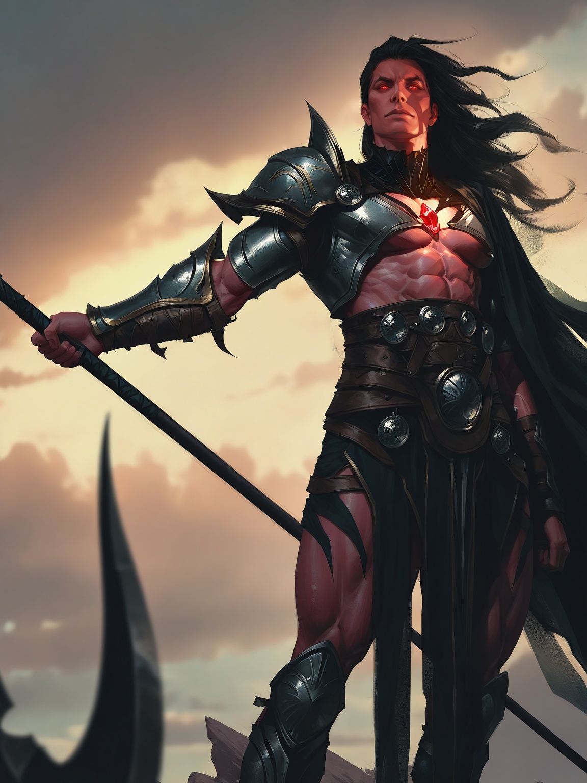 extremely detailed CG,masterpiece,best quality,detailed,highres,newest,recent,dramatic lighting,chiaroscuro,ray tracing,high detailed eyes,perfect eyes,depth of field,dynamic fuzzy,masterpiece,absurdres,incredibly absurdres,best quality,smooth skin,delicate hands,perfect proportions,masterpiece quality,8k,sharp focus,clean composition,no clutter,aesthetic pose,contour_deepening:0.2,MLiang zsjjc,1boy,male focus,solo,holding,black hair,abs,glowing,glowing eyes,red eyes,long hair,weapon,muscular,armor,holding weapon,muscular male,outdoors,colored skin,cape,pectorals,sky,gem,looking at viewer,shoulder armor,