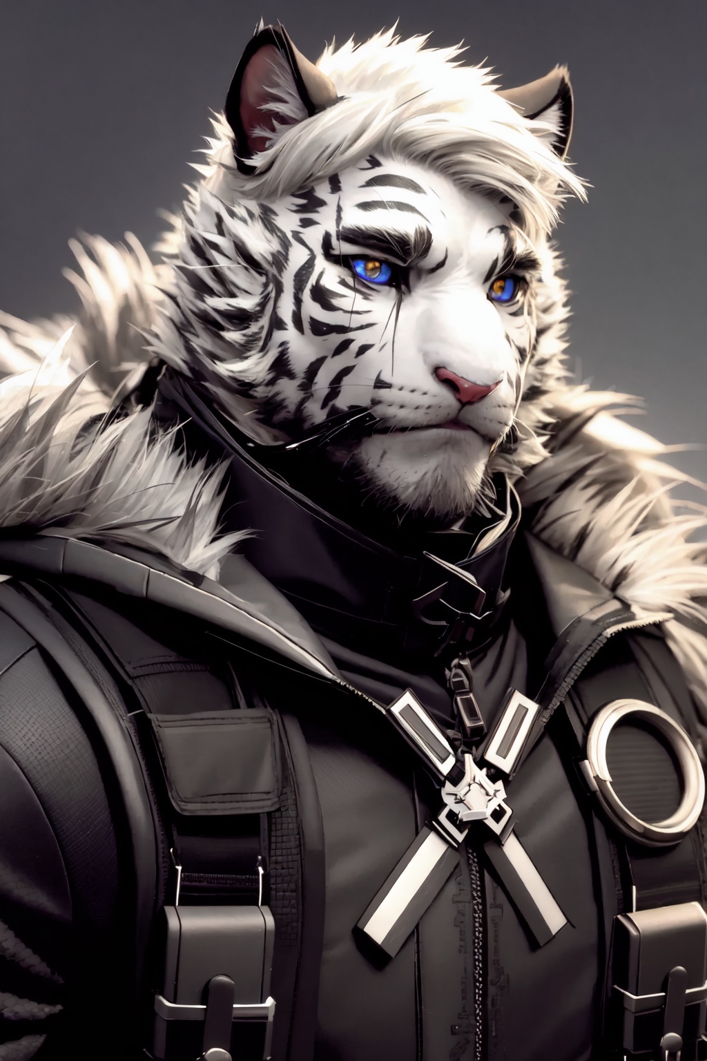 portrait,close-up,upper body,mountain_(arknights),tiger_boy,scar_across_eye,solo,1boy,white_fur,furry_male,muscular_male,bara,scar_on_face<lora:mountain_(arknights):1>,simple background,white backgroundmasterpiece,best quality, highly detailed, 