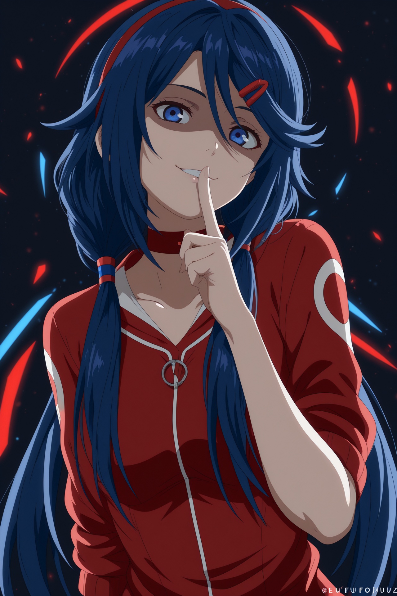 1girl,crazy mita \(miside\),shixuexiao:0.5,eufoniuz:0.5,masterpiece,blue eyes,low twintails,red hairband,blue scrunchie,red hairclip,red choker,finger to mouth,partially shaded face,head tilt,smirk,upper body,black background,blue hair,red shirt,