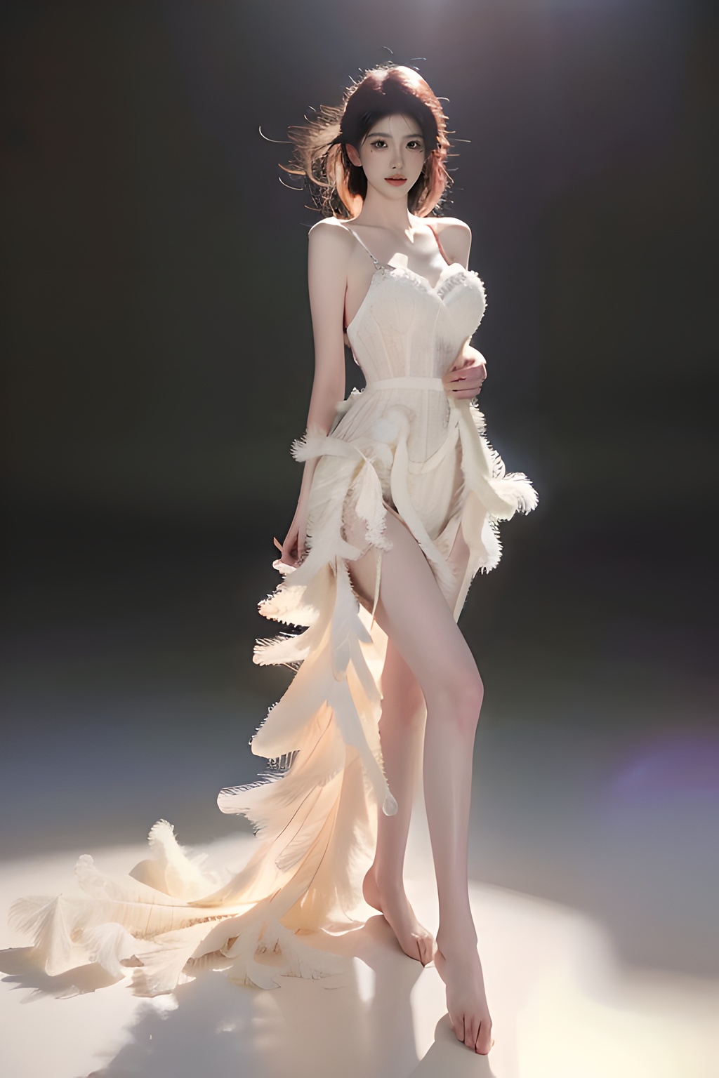 1girl, (best quality, masterpiece, ultra-high resolution, 4K, HDR, UHD, 64K,photograph), (photorealistic:1.3, realistic:1.3),depth of field, (curve: 1.2),exquisite eyes,elegant posture,(an extremely delicate and beautiful), (best quality), (masterpiece),intricate detail,The whole body,Graciously pose,Simple background,model pose,Bare feet,professional lighting,large aperturing,atmosphere,photorealistic,standing,