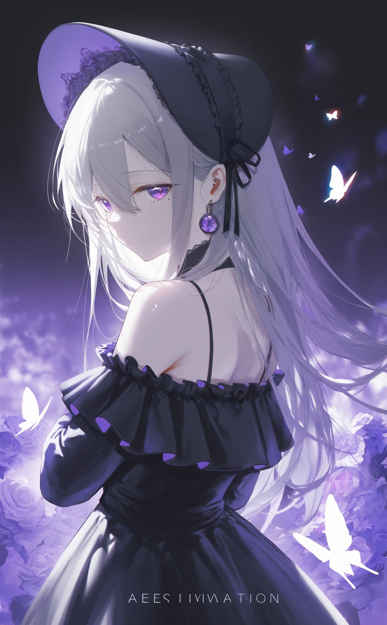 masterpiece,absurdres,best quality,((petite)),loli,high quality,chromatic_aberration,shiny_skin,//,1girl, butterfly, solo, bug, dress, purple eyes, looking at viewer, long hair, black dress, grey hair, jewelry, flower, gothic lolita, looking back, lolita fashion, bare shoulders, earrings, mole under eye, black headwear, hair ornament, mole, from behind, closed mouth, bonnet, hair between eyes, detached sleeves, expressionless, frills, off-shoulder dress, purple theme, long sleeves, frilled dress, off shoulder//,very aesthetic,absurdres,newest,masterpiece,safe,amazing quality,(aestivation:2.4),(nasii:0.4),(toosaka asagi:0.4),(atdan:0.4),(iumu:0.72),(wlop:0.72),96YOTTEA,Konya Karasue,omone_hokoma_agm,//,official art,depth of field,detailed light,blurry background,best shadow,shiny skin,cinematic lighting,ray tracing,amazing quality,very aesthetic,absurdres,beast quality,ultra detailed,newest,8K,HDR