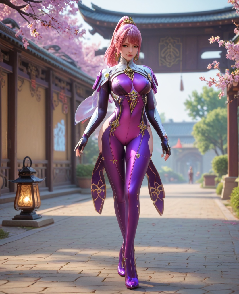 (oriental architecture, elegant decor, sophisticated style:1.1),(Walking along a path, holding a lantern, creating an enchanting and magical scene,:1.1),(breasts:1.2),<lora:XL16穿越火线步练师潜伏者:0.95>,miss bulianshiq,bodysuit,green eyes,eyeshadow,pink hair,ponytail,earrings,jewelry,hair ornament,fingerless gloves,skin tight,purple high heels,purple and white openwork catsuit,, score_9,score_8_up,score_7_up,score_6_up,score_5_up,score_4_up,3d rendering,tag1,tag2, Cinematic Lighting,backlighting,, zPDXL3, zPDXL2,zPDXL, zPDXLxxx, zPDXLrl,