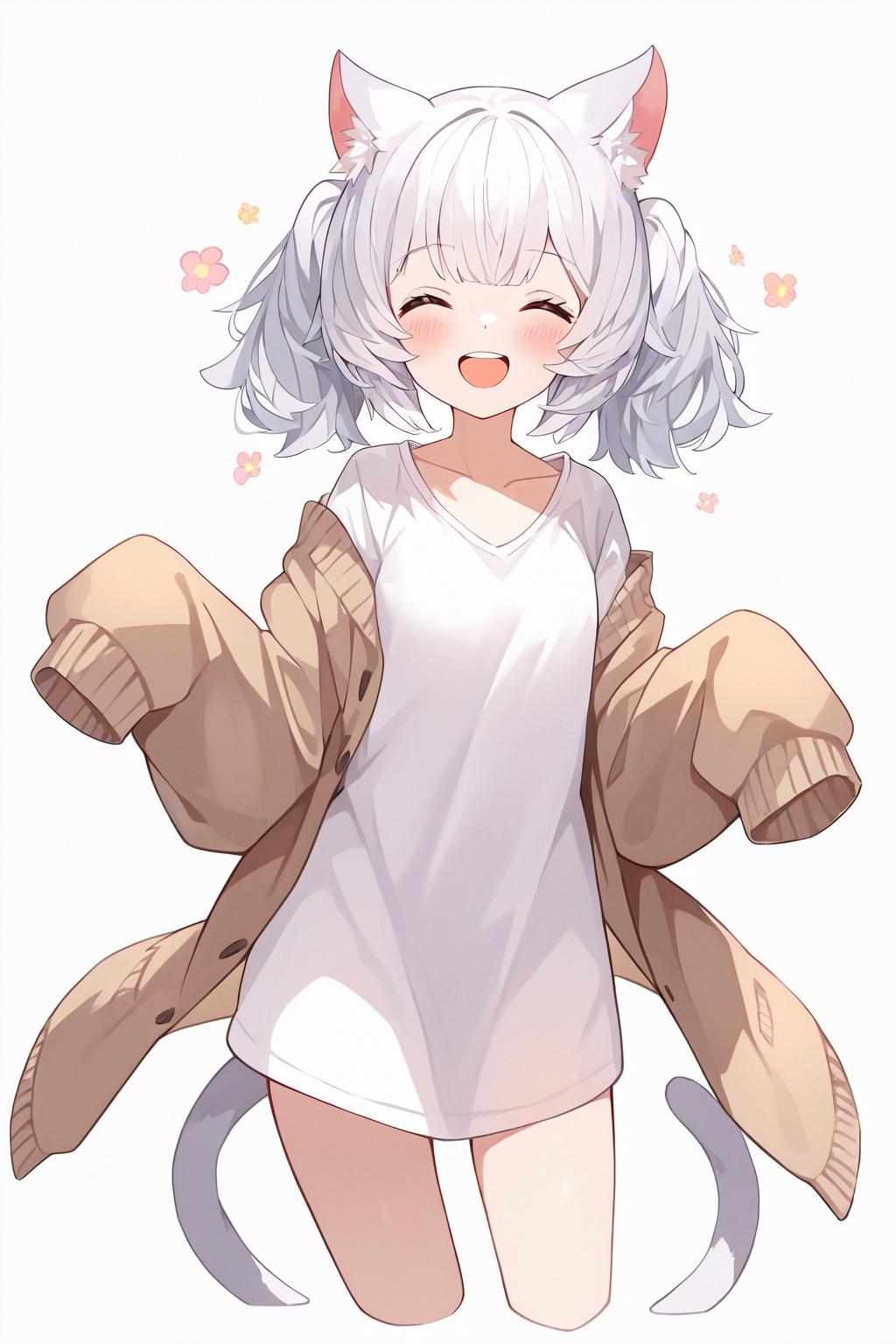 (masterpiece),(best quality),1girl, solo,catgirl,cat ears,cat tail,white hair, twintails, blush, smile, shirt, white shirt, long shirt, ^ ^, brown cardigan, cardigan, closed eyes, collarbone, cropped legs, long sleeves, sleeves past fingers, sleeves past wrists, upper teeth only, teeth, white background