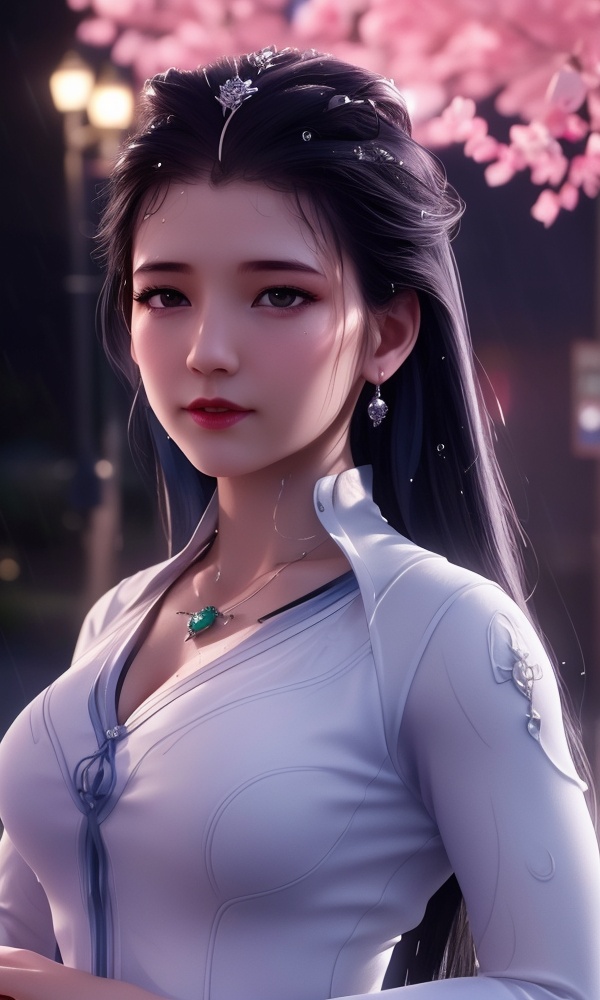 <lora:409-DA-师兄啊师兄-皖江雨:0.8> ,(,1girl, ,best quality, ),looking at viewer, ,ultra detailed 8k cg, ultra detailed background,  ultra realistic 8k cg,          cinematic lighting, cinematic bloom, (( , )),,  , unreal, science fiction,  luxury, jewelry, diamond, pearl, gem, sapphire, ruby, emerald, intricate detail, delicate pattern, charming, alluring, seductive, erotic, enchanting, hair ornament, necklace, earrings, bracelet, armlet,halo,masterpiece, (( , )),,  ,cherry blossoms,(((, night,night sky,lamppost,  ultra high res, (photorealistic:1.4), raw photo, 1girl, , rain, sweat, ,wet, )))(( , ))   (()), (),