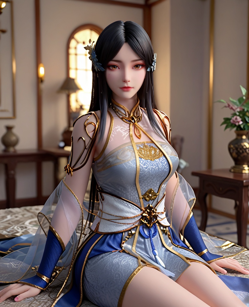 (oriental architecture, elegant decor, sophisticated style:1.1),(figure four sitting:1.1),looking at viewer,(breasts:1.2),<lora:XL斗破苍穹柳菲透纱新衣:0.95>,miss liufei,dress,long hair,black hair,chinese clothes,see-through,brown eyes,hair flower,parted bangs,makeup,, score_9,score_8_up,score_7_up,score_6_up,score_5_up,score_4_up,3d rendering,tag1,tag2, Cinematic Lighting,backlighting,