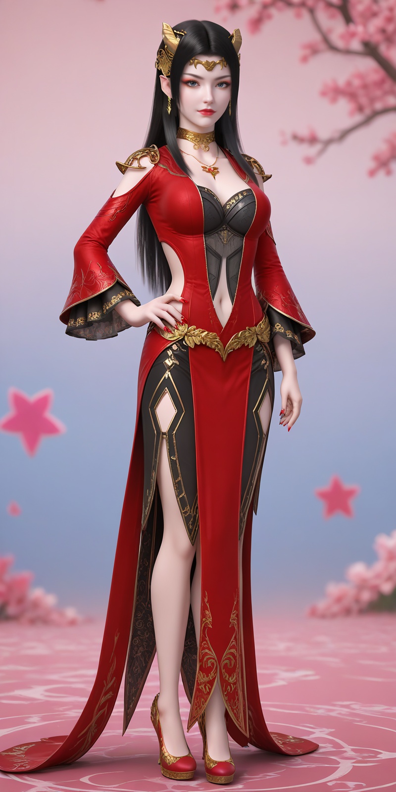 <lora:美杜莎pony-000013:0.6>,meidusha,1girl,solo,jewelry,dress,black hair,red dress,full body,clothing cutout,long hair,earrings,hand on own hip,red footwear,breasts,high heels,red nails,necklace,navel cutout,hair ornament,standing,looking at viewer,navel,depth of field,masterpiece,best quality,very aesthetic,2024,2023,perfect composition,ultra-detailed,extreme aesthetic,(quasarcake:0.7),masterpiece,best quality,good quality,newest,year 2024,year 2023,very aesthetic,absurdres,looking_at_viewer,colorful,