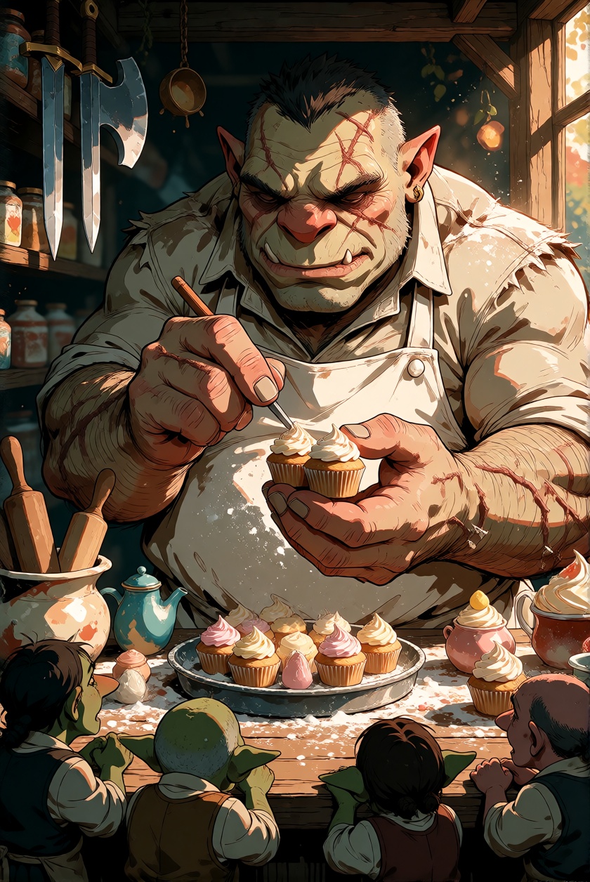 MMMDaal,  a gigantic scarred ogre in a spotless white baker's apron delicately decorating tiny pastel cupcakes with enormo...
