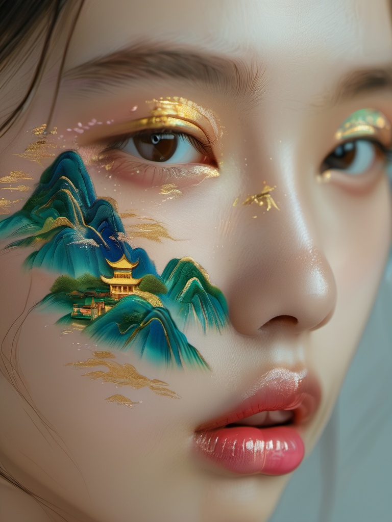 Zhuangrong, Cyan landscape pattern, gold foil decoration,  1girl, solo, close-up, makeup, parted lips, looking at viewer, brown hair, lips, eyelashes, lipstick, eyeshadow, realistic, blurry,<lora:xlgfzr:1>,