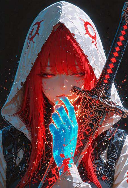 *****,
1woman,
masterpiece, newest,absurdres,incredibly absurdres, best quality, amazing quality, very aesthetic,
(colorful splashes:1.1), (shining:1.1), (focus on face:1.1), Glowing skin, Strong contrast, long sleeves, simple background, red eyes, weapon, hood, black background, sword, hooded jacket, meme, jacket, hood up, red long hair, glowing, half-closed eyes, looking at viewer