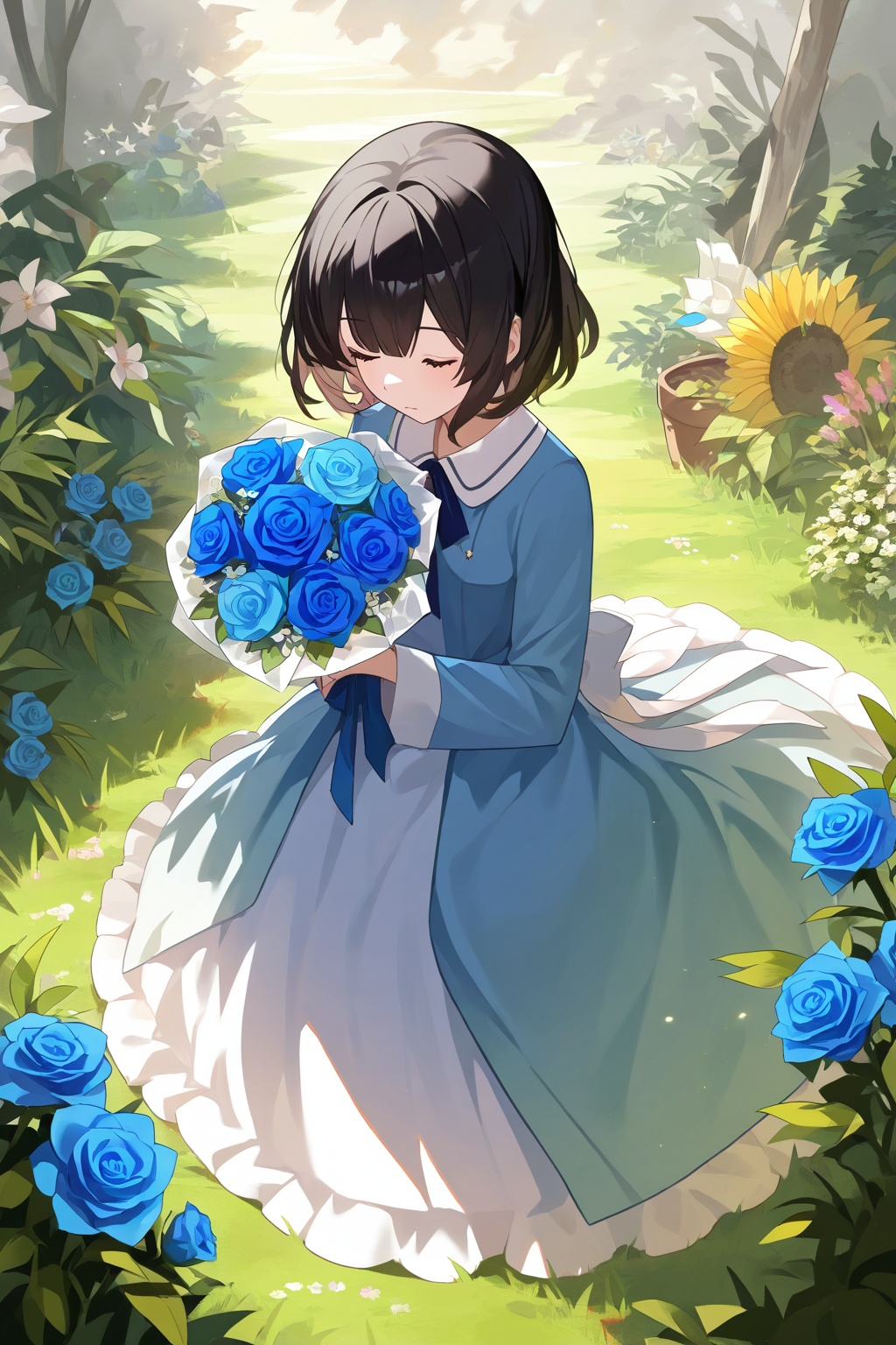 1girl, black_hair, blue_flower, blue_rose, bouquet, closed_eyes, dress, flower, flower_pot, full_body, grass, holding, holding_bouquet, holding_flower,