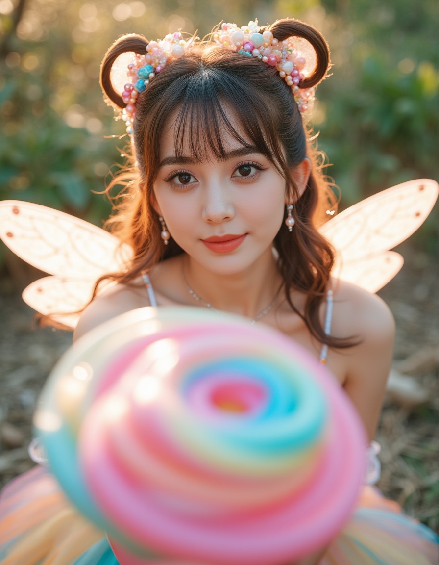 8k, Masterpiece, Top Quality, beautiful Korean woman, clear skin, wearing -like element bodice sexy cosplay, shiny colorful, cute, short tutu-like skirt of iridescent cellophane ruffles, tiny glittering fairy wings, pastel curly hair adorned with  beads and glitter, POV shot, she is offering a giant brightly colored swirl pop to viewer with a super sweet delighted smile, eyes sparkling, whimsical bright land garden setting, close-up shot.