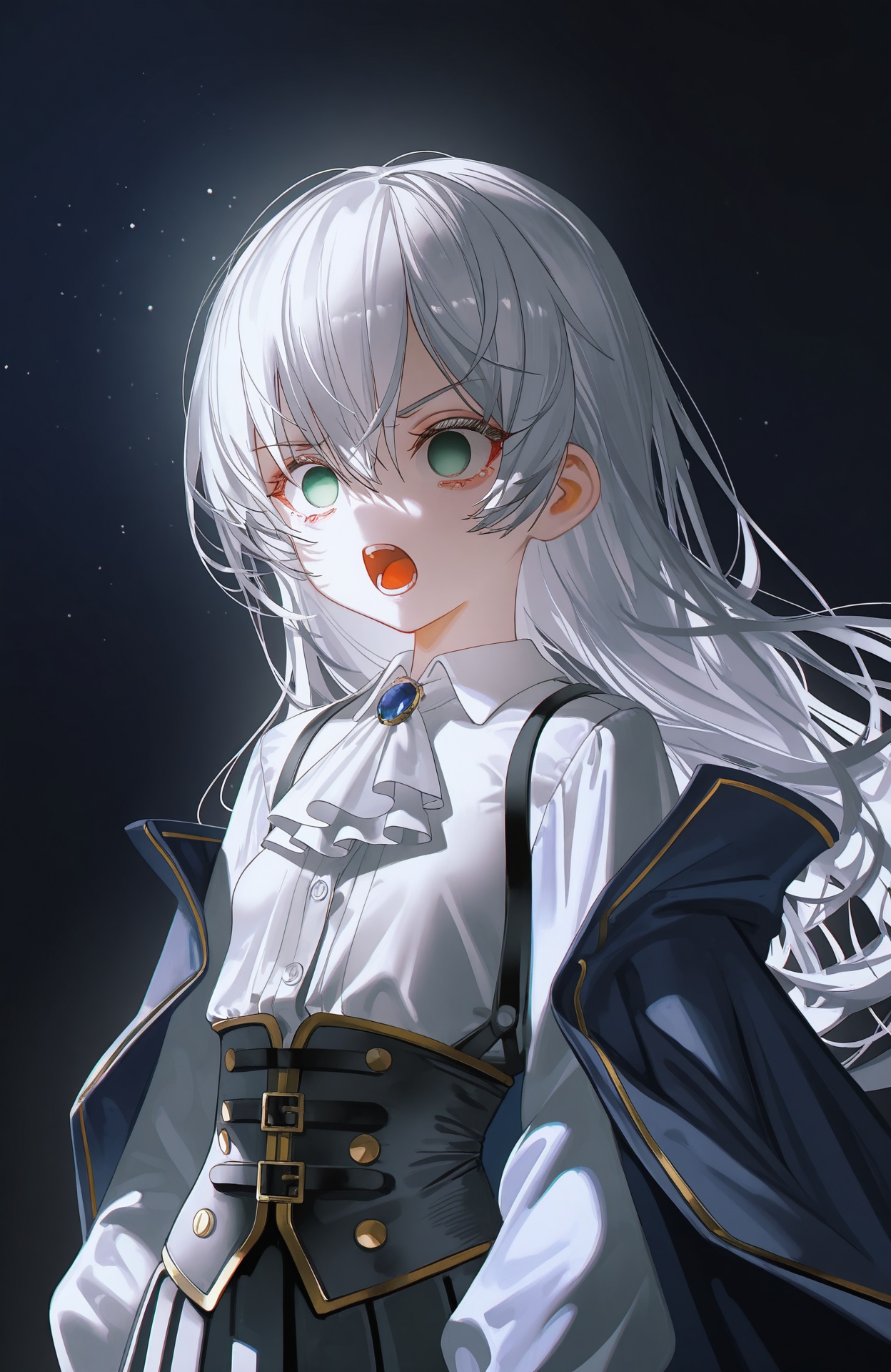 masterpiece,highres,absurdres,best quality,high quality,loli,petite,chromatic_aberration,stars,night,//,1girl,upper body,solo,fantasy outfit,young sorceress,dark-blue cloak,cloak clipped with cord to 2 gold buttons,detailed cloak folds,face focus,green eyes,extremely detailed eyes and face,swept bangs,side hair flap,{{hair in-between eyes}},long wavy blond hair,side fringe,long floofy voluminous hair,frilled white dress shirt,rolled baggy white sleeves,white wing collar,dark blue corset with gold cords and accents,long black skirt,cloak gold trim,white background,hatching (texture),-3::confident,ears,off shoulder,jacket,empty eyes,ascot,pleated,pants,mantle::,very aesthetic,masterpiece,no text,glaring,screaming,//,high contrast,vibrant colors,light,depth of field,light particles,//,(artist:wanke:0.3),(artist:alphonse \(white datura\):0.3),(artist:fkey:0.5),(artist:dino \(dinoartforame\):0.4),artist:iumu,(artist:pottsness:0.6),(artist:onineko:0.5),(artist:ciloranko:0.8),(artist:john kafka:0.8),(artist:betabeet:0.5),(artist:quasarcake:0.8),