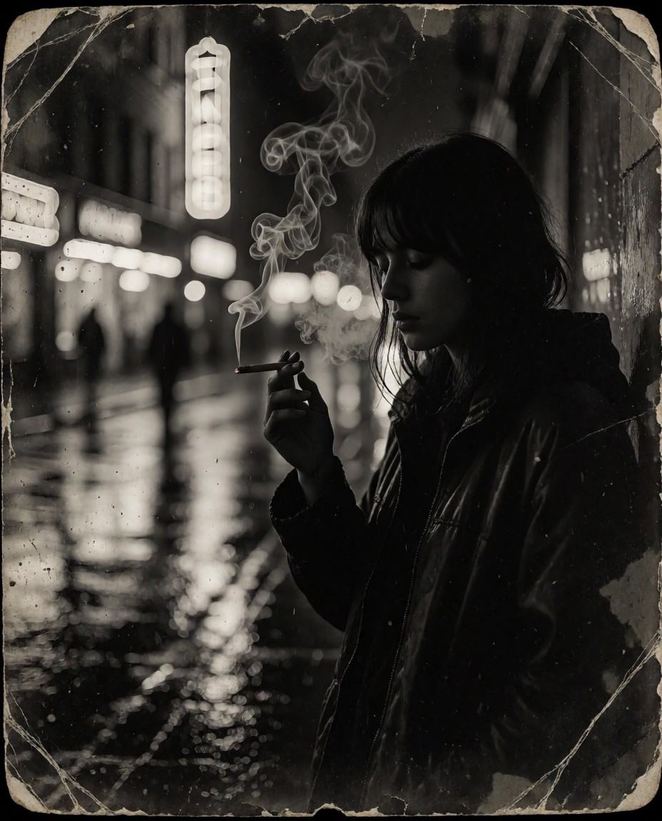 analog_feel,  a faded and worn photograph from a forgotten night,  a young woman standing on a rain-soaked street on Tenso...