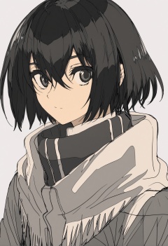 masterpiece, best quality,1girl, greyscale, monochrome, solo, mikasa ackerman, scarf, short hair, looking at viewer, hair between eyes, portrait, jacket, bangs, closed mouth, white background, simple background, sketch , <lora:焦茶XLlokr8f-000188:0.95>