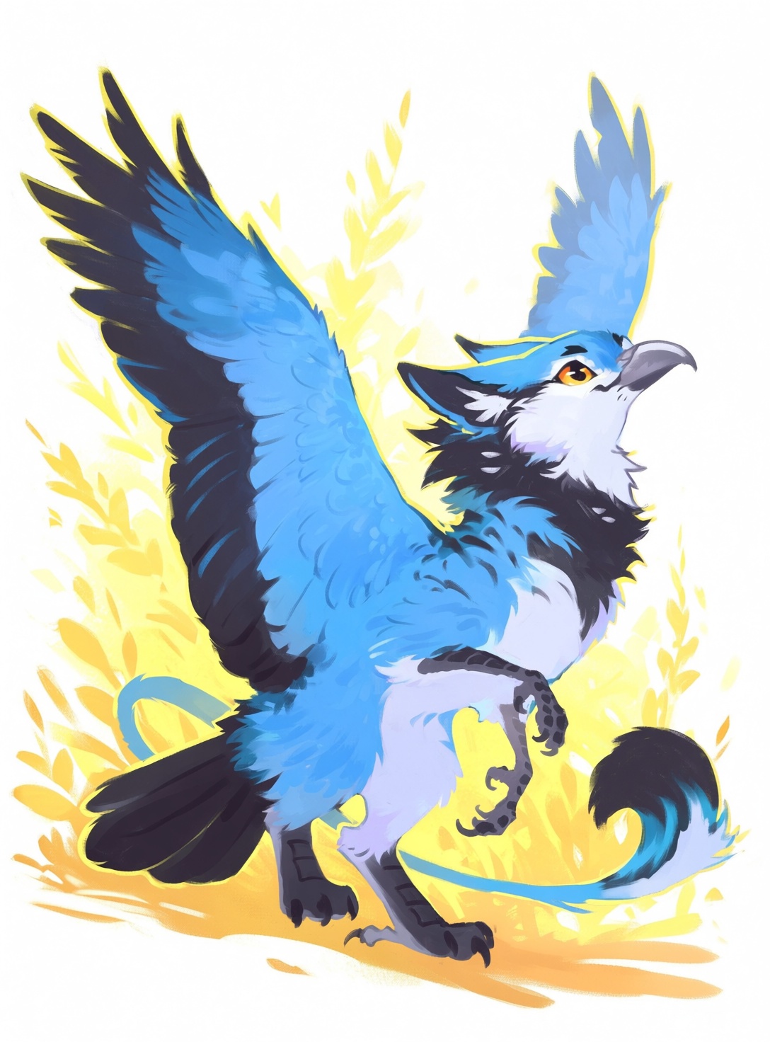 @himmis,  This solo portrait features a mythological avian creature resembling a gryphon and corvid hybrid standing on its...
