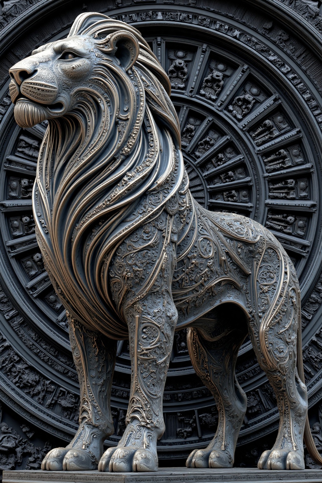beijihui,Captured at eye-level on a low-angle perspective, a bronze statue of a lion stands on a platform in front of a black metal archway. The lion's head is turned to the left, its mouth slightly open, and its mane is flowing in a flowing pattern, adding a touch of movement to the scene. The statue's body is adorned with intricate carvings, adding depth and texture to the composition. The backdrop is a vibrant shade of black, creating a striking contrast to the statue.