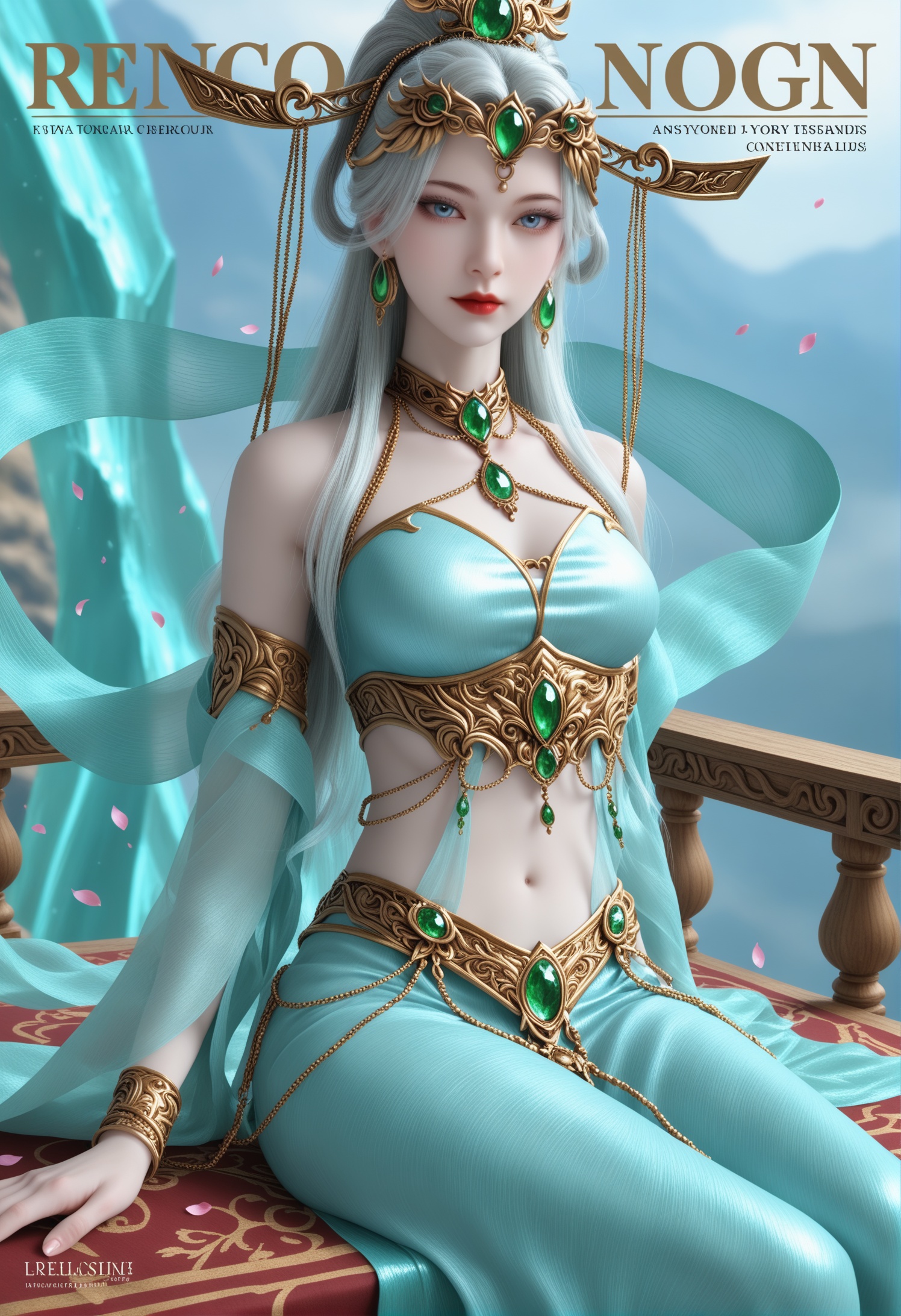 score_9,score_8_up,score_7_up,1girl,solo,sitting,full_shot,(magazine cover theme:1.05),(arms_behind_back:1.1),1girl,solo,realistic,dress,midriff,white dress,shawl,ribbon,armor,blue dress,see-through,chain,red lips,long dress,long sleeves,breasts,belly chain,beads,bracelet,realistic,jewelry,tiara,headdress,hair ornament,head chain,hair stick,hair rings,necklace,armlet,earrings,green gemstone,gem,1girl,solo,realistic,grey skin,pale skin,long hair,grey hair,white hair,crystal hair,ponytail,braid,blue eyes,eyelashes,forehead jewel,lipstick,lips,navel,bare shoulders,closed mouth,realistic,(advertising cover:0.8),grey_background,gradient_background,(white_background:0.9),falling petals,(depth of field:1.2),depth_of_field,(looking at viewer:1.1),<lora:小巳-鬼仙女子pony:0.8>,