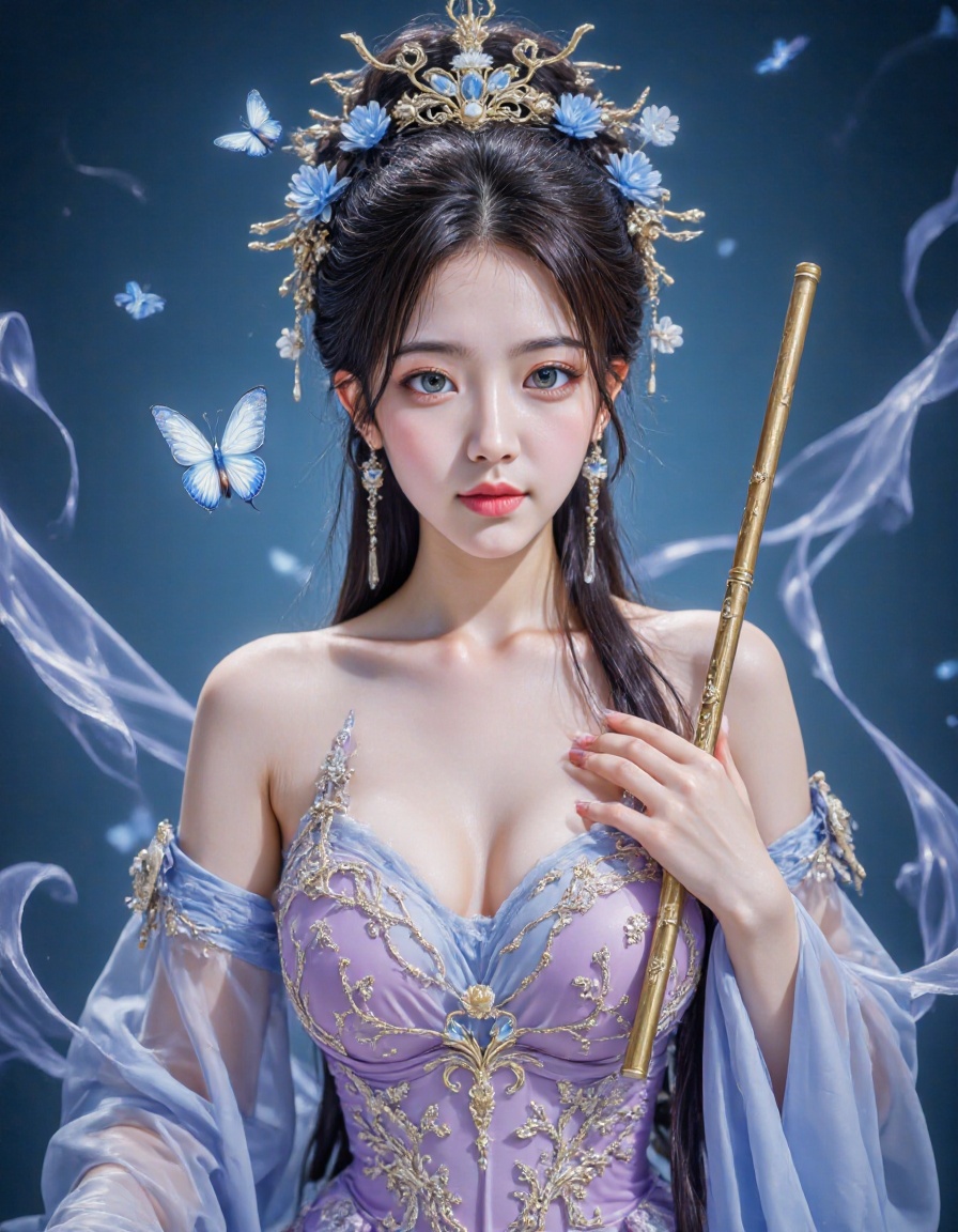 This is a highly detailed digital illustration of a young woman with an ethereal, otherworldly appearance. She has fair skin, large, almond-shaped eyes with subtle makeup, and full, pink lips. Her long, dark hair is styled in an intricate updo adorned with blue and gold floral hair accessories, including a delicate crown. She wears an elaborate, form-fitting dress in shades of lavender and blue with intricate gold embroidery. The dress features a plunging neckline that accentuates her ample breasts, and it is adorned with floral motifs and gemstones. She holds a long, golden flute in her right hand, which is delicately positioned near her chest.The background is a deep, gradient blue, enhancing the ethereal atmosphere. Soft, wispy blue and white ribbons swirl around her, adding to the mystical feel. A small, blue butterfly flutters near her left shoulder, and more butterflies are visible in the background, adding to the whimsical and magical ambiance. The woman’s expression is serene and slightly melancholic, with a slight tilt of her head, adding to her enigmatic presence. The overall style is a blend of fantasy and traditional East Asian aesthetics, with a high level of detail and realism in the clothing and accessories.
