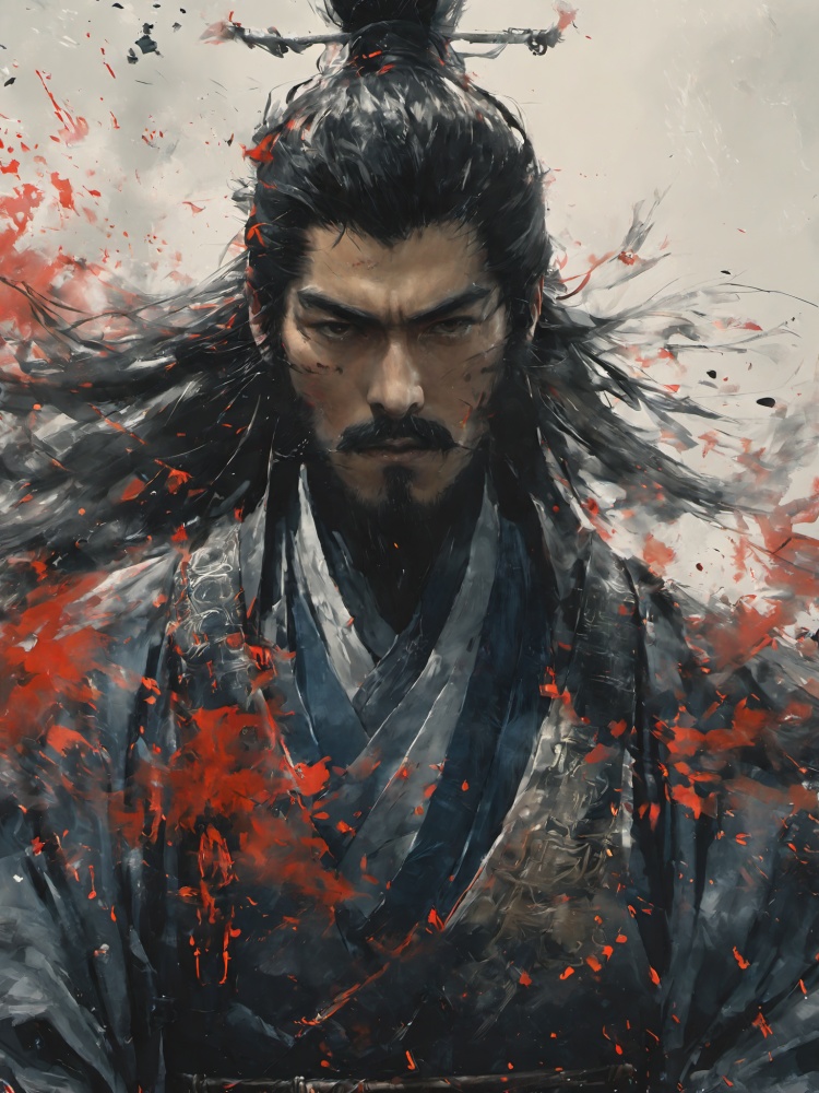 ananmo, 1boy, male focus, solo, facial hair, beard, manly, black hair, blood, samurai, armor, helmet, looking at viewer, mustache, upper body