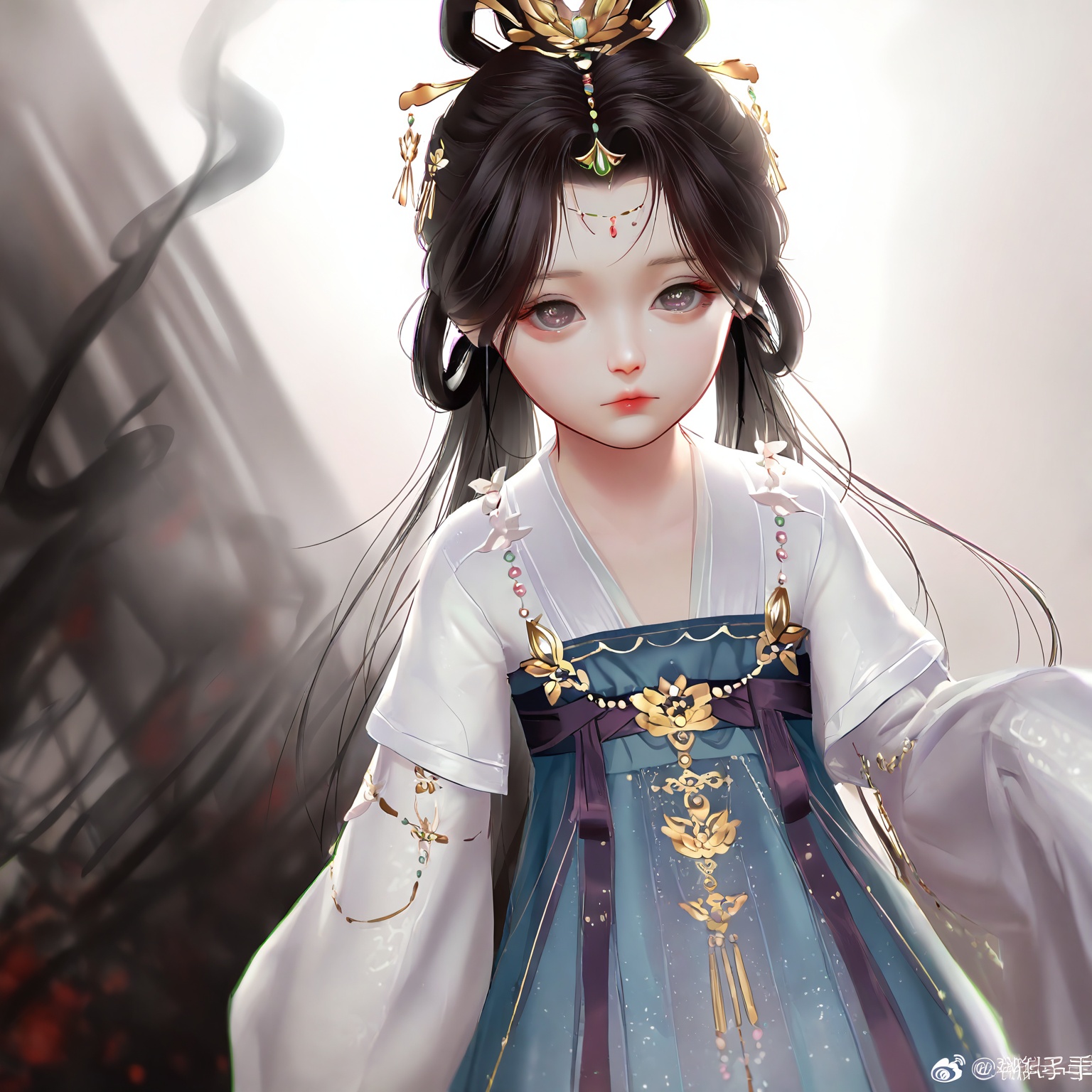 masterpiece,very aware,highres,absurdres,newest,best quality,loli,petite,high quality,chromatic_aberration,cinematic_angle,dutch angle,//,loli,1girl,solo,black_hair,hair_ornament,white_background,long_hair,upper_body,looking_at_viewer,chinese_clothes,hanfu,smoke,dress,purple_dress,tiara,sleeves_past_fingers,weibo_logo,hair_rings,expressionless,long_sleeves,beads,closed_mouth,//,official art,depth of field,detailed light,blurry background,best shadow,shiny skin,cinematic lighting,ray tracing,amazing quality,very aesthetic,absurdres,beast quality,ultra detailed,newest,8K,HDR,//,<lora:touxiang22——【noob】hans:1>,