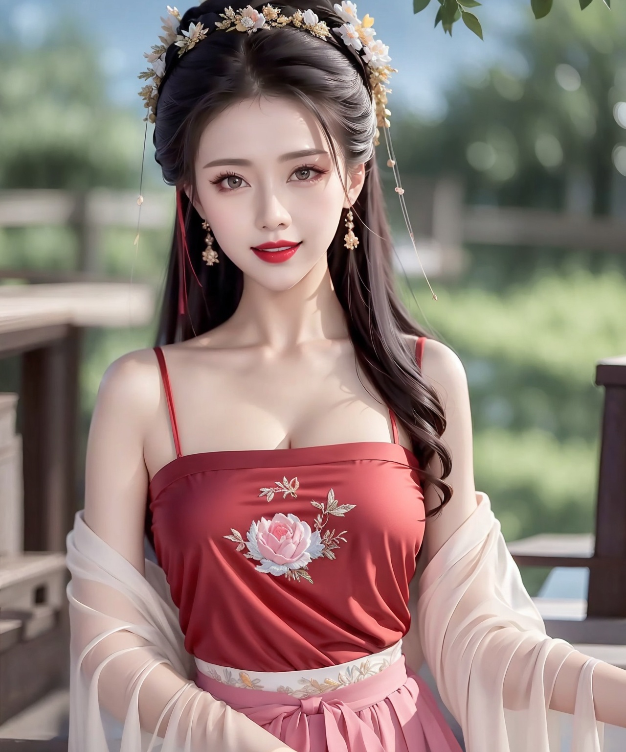 1girl,black hair,jewelry,earrings,looking at viewer,hair ornament,smile,dress,camisole,Embroidered suspender,<lora:吊带1.1:1>,solo,chest,cleavage,water red lips,heavy makeup,