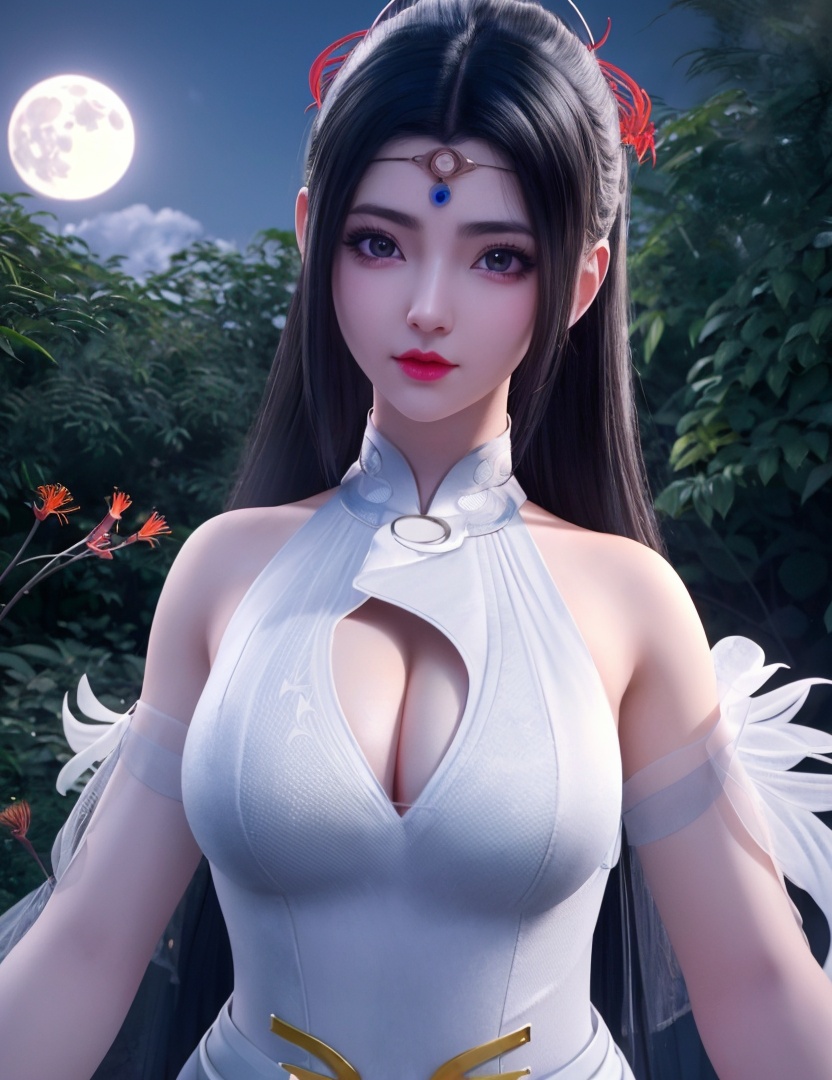 <lora:524-DA-大主宰-苏宣儿:0.8>(,1girl, ,best quality, ),looking at viewer,  ,,ultra detailed background,ultra detailed background,ultra realistic 8k cg, ,masterpiece, spider lily,full moon, (cleavage), (),
