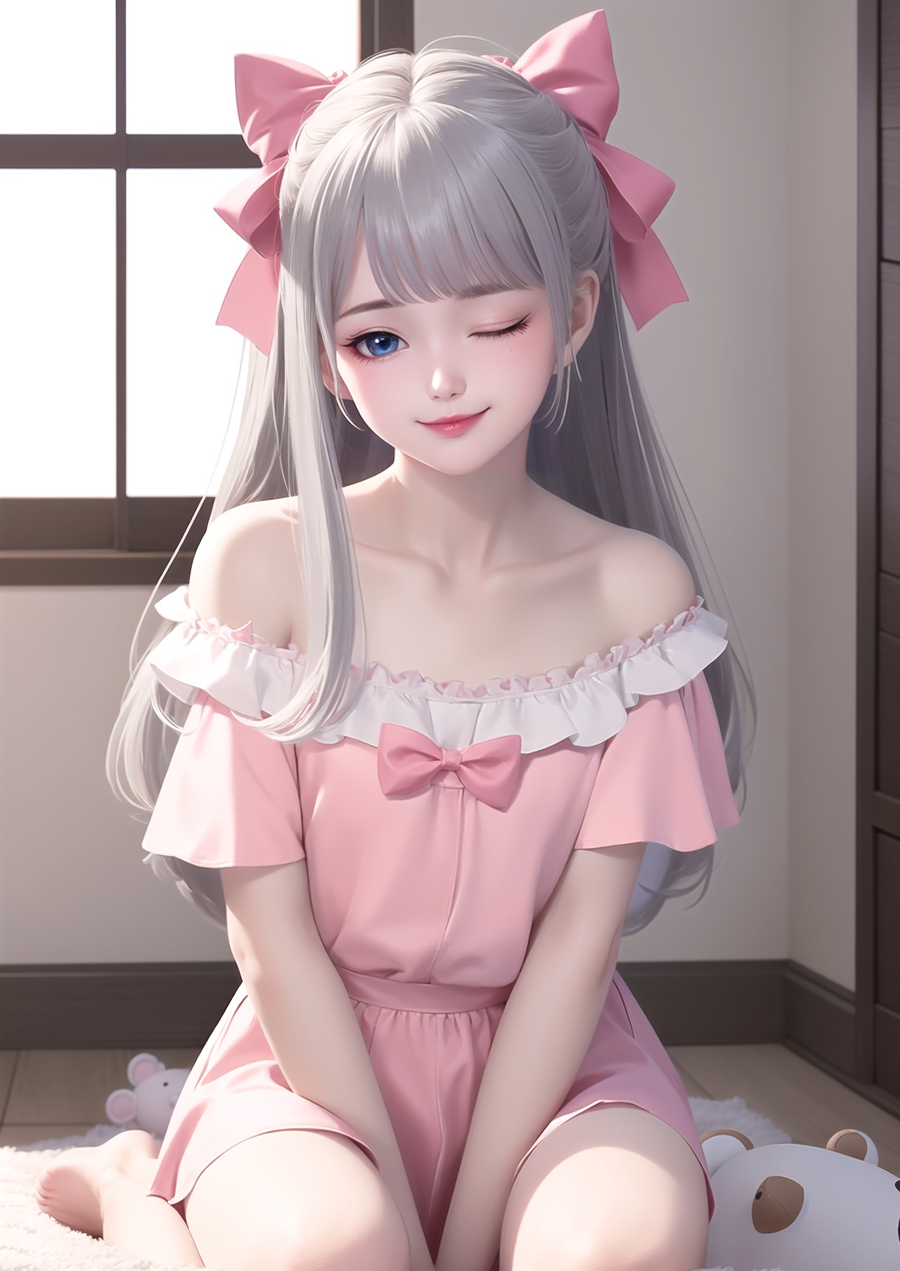 masterpiece,best quality,1girl,long hair,stuffed toy,stuffed animal,solo,one eye closed,blue eyes,bow,sitting,shirt,hair bow,blush,looking at viewer,pink bow,smile,white hair,t-shirt,ribbon,white shirt,short sleeves,teddy bear,off shoulder,wariza,collarbone,indoors,closed mouth,grey hair,