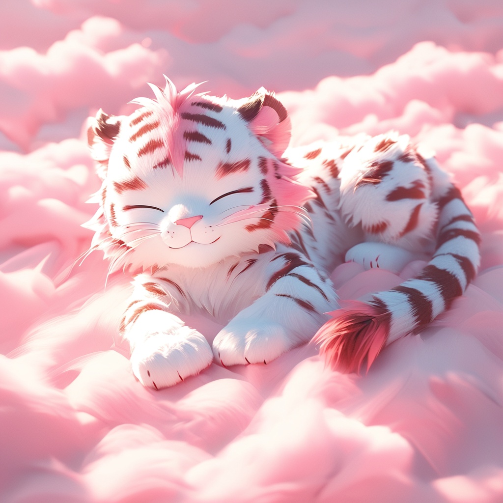 yinhu,tigger,fluffy,pink pattern,soft lighting,tiger boy,white fur,whimsy and dramatic lighting,warm colors,tigger focus,mf-movie-filter,cc-color-correction,cute,whiskers,:3,^ ^,no humans,closed eyes,on back,cloud,pink theme,lying,solo,closed mouth,cloudy sky,full body,smile,sky,red theme,white background,facing viewer,simple background,<lora:yinhu_annimate_xl_p_ith_txt:0.8>,