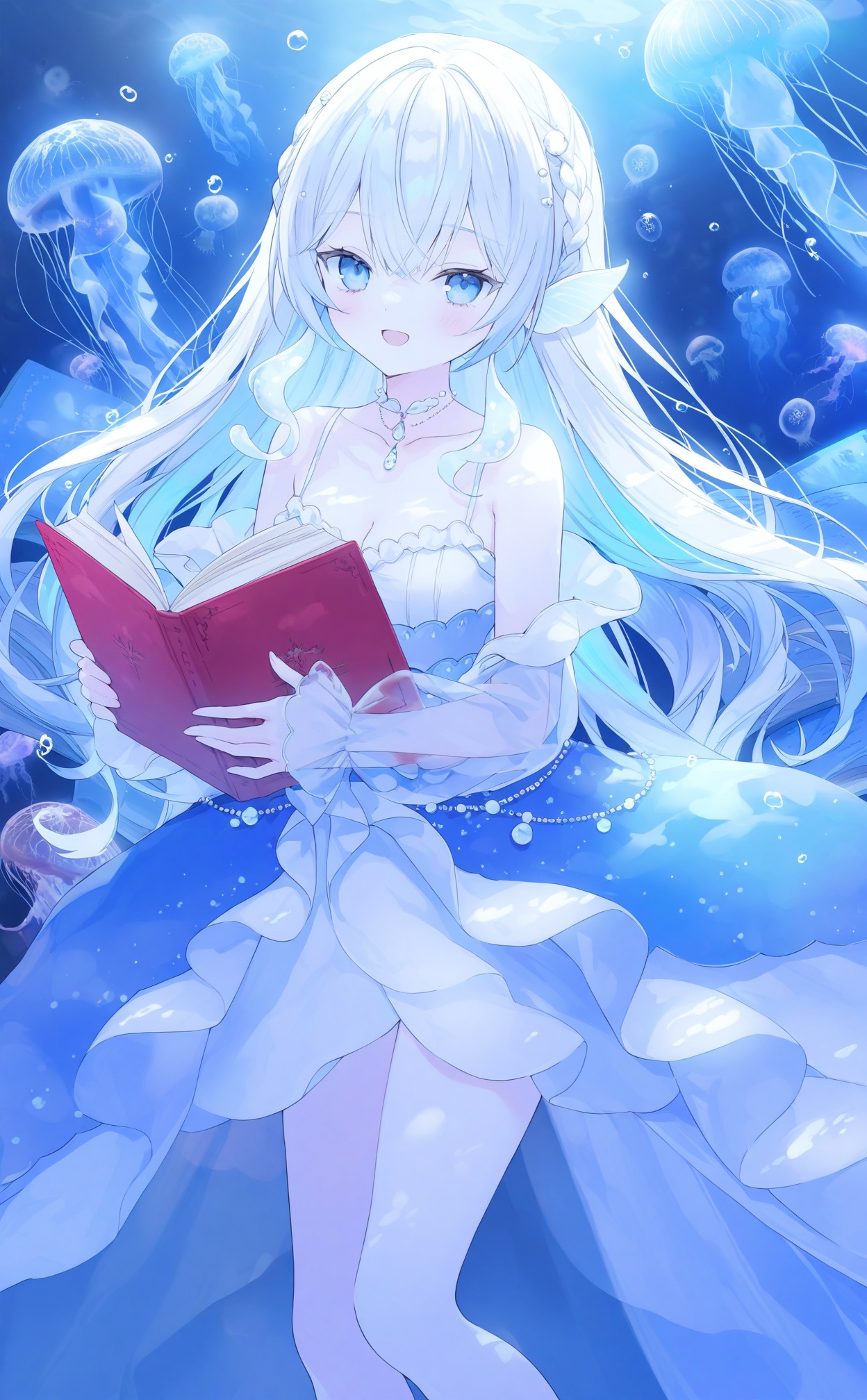 masterpiece,absurdres,best quality,loli,petite,high quality,chromatic_aberration,//,1girl, solo, blue_eyes, long_hair, holding, book, virtual_youtuber, breasts, detached_sleeves, cleavage, smile, looking_at_viewer, dress, white_hair, holding_book, underwater, braid, open_mouth, open_book, collarbone, long_sleeves, bubble, see-through, jellyfish, see-through_sleeves, :d, blue_theme, white_dress, hair_between_eyes, bare_shoulders, white_sleeves, very_long_hair, jewelry, necklace, hair_ornament//,<lora:guimao2025.10.24——【noob】hans:1>,