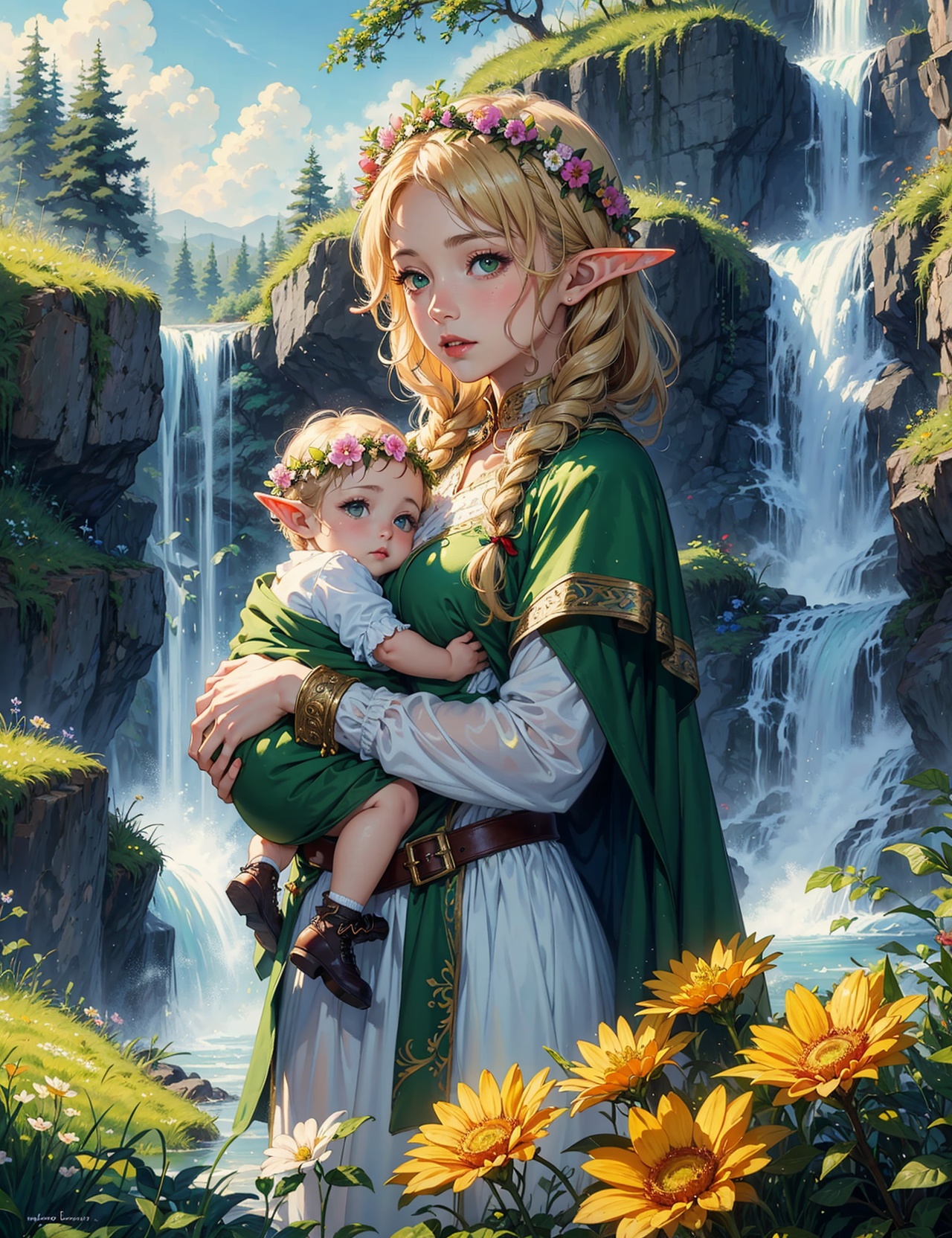 masterpiece,  best quality,  a detailed ilustration of a female elf druid with a cloak made with grass and flowers on Tens...