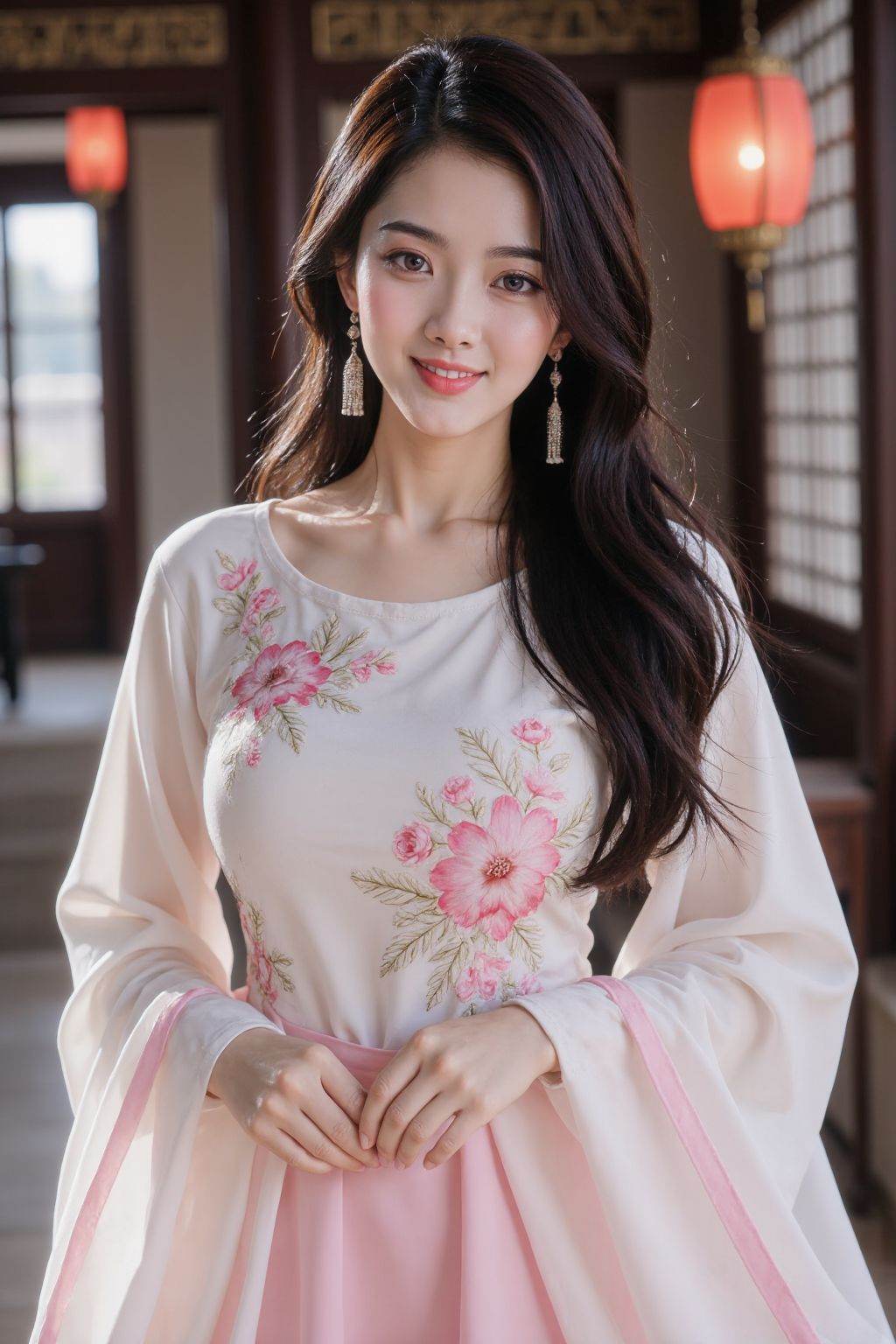 HDR photo of cinematic film still,This is a beautiful photograph of a woman,black hair cascading over her shoulders,She is wearing a boatneck white and pink chinese dress,Standing,Looking at the viewer. Smile,