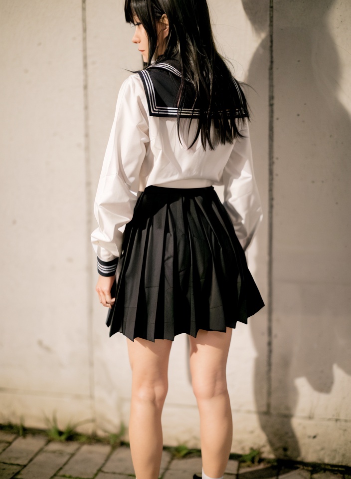 miaotJK,skirt,1girl,solo,black hair,school uniform,pleated skirt,shirt,black skirt,long sleeves,white shirt,from behind,long hair,thighs,serafuku,blurry,standing,<lora:miaotJK_20231207180004:0.8>,