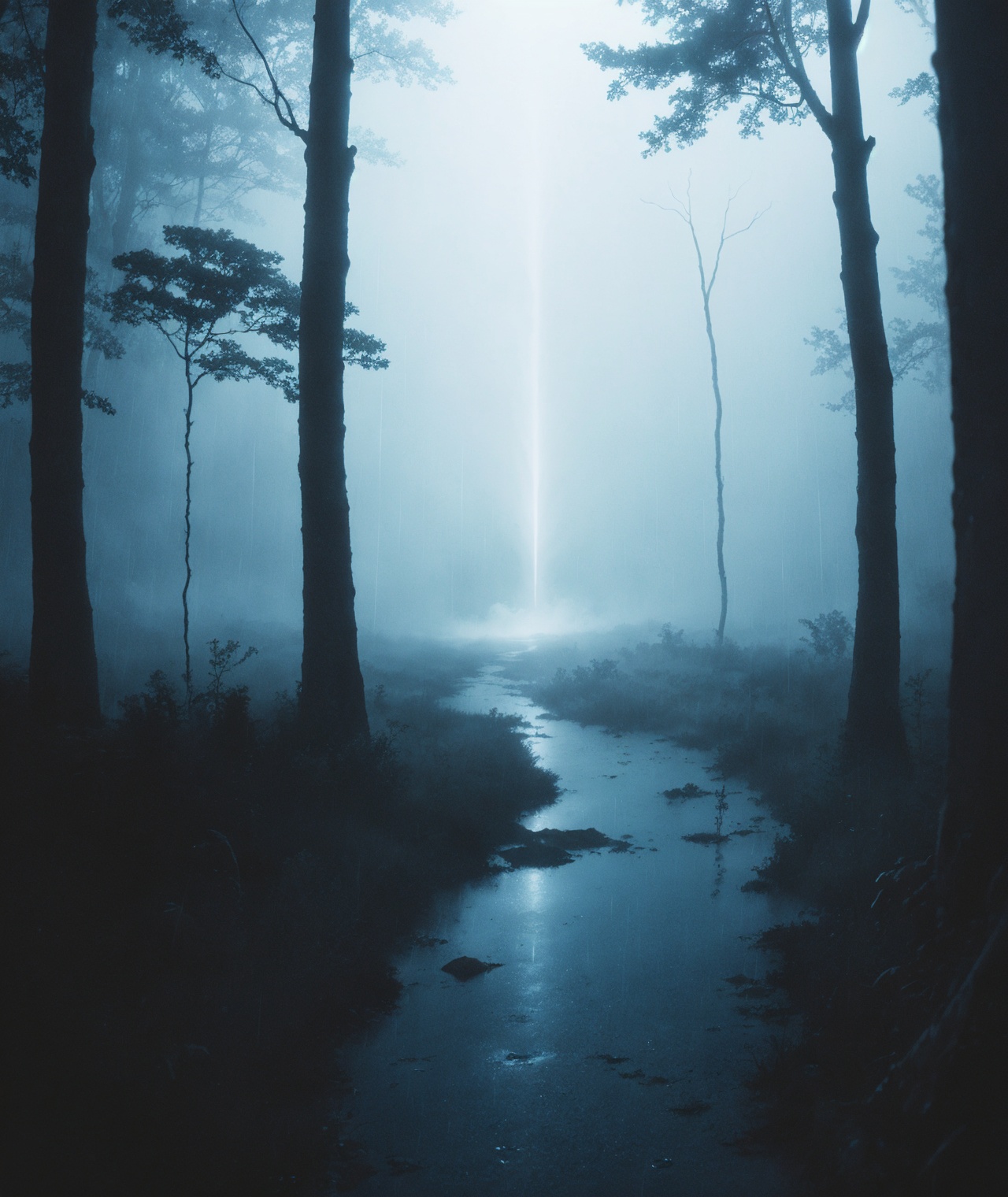 blue,light,glow,(dark),outdoors,forest,fog,ethereal,fantasy,(rain:1.2),(((no humans,empty))),scenery,wide shot,<lora:lora.by_tusi:0.9>,