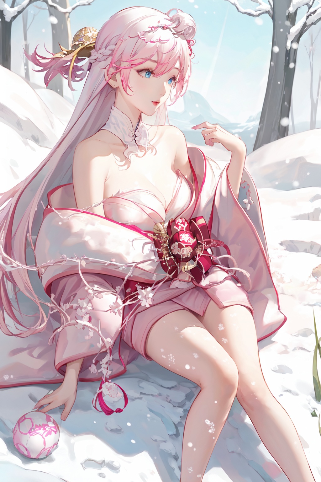 1girl, solo, long hair, hair accessories, blue eyes, pink hair, cleavage, Japanese clothing, bare shoulders, kimono, cleavage, pink clothes, bare shoulders, thighs, bare thighs, perfect female figure, beautiful face, perfect hands, perfect feet,,In the open air, in the snow, lying on the snow, the snow around it melts and grows grass,,俯视图<lora:EMS-339596-EMS:0.800000>