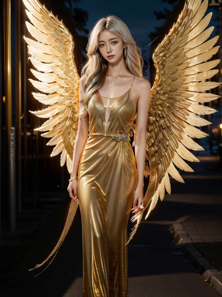 jinyingnvshen,masterpiece,best quality,1girl,exquisite details,set at night by the seaside,white hair,jewelry,<lora:jinyingnvshen-000007:0.7>,exquisite evening dress,small golden wings,