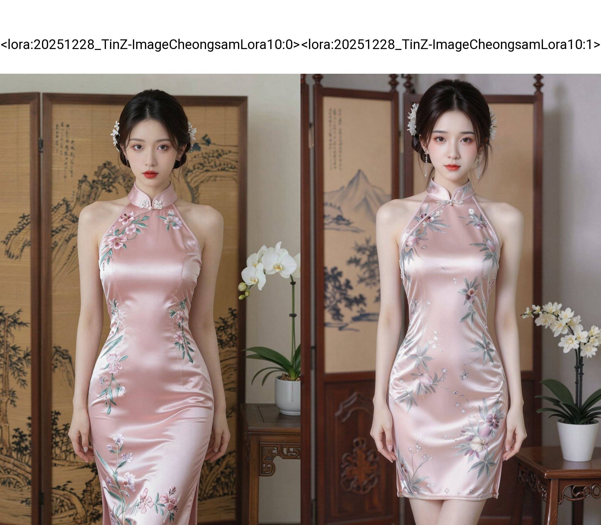 Photograph of a young Asian woman with fair skin and dark hair, styled in an elegant updo with floral hairpins. She wears a form-fitting, sleeveless, pink satin cheongsam adorned with delicate floral embroidery in shades of pink, purple, and green. Her red lipstick contrasts with her pale complexion. She stands in front of a traditional wooden folding screen with Chinese calligraphy and black ink drawings of landscapes. To her right, a white orchid plant in a pot sits on a wooden table. The background features soft, neutral tones, enhancing the elegant and classic atmosphere of the scene., cheongsam, sleeveless cheongsam, sleeveless cheongsam dress, high collar cheongsam, qipao, halter-neck cheongsam dress<lora:20251228_TinZ-ImageCheongsamLora10:0>