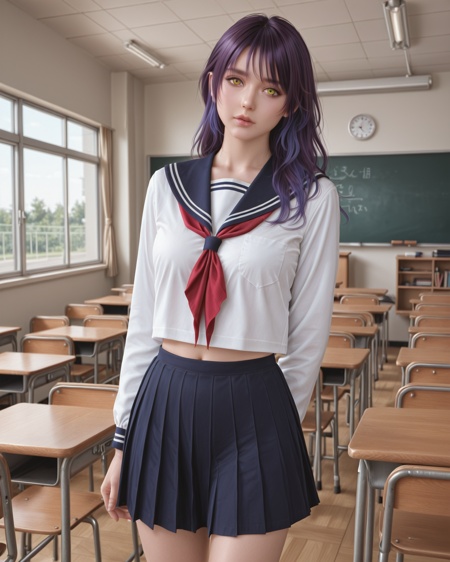 <lora:Shandy_V2.0:1>,shandy \(doax vv\),purple hair,yellow eyes,lips,cowboy shot,serafuku,classroom,