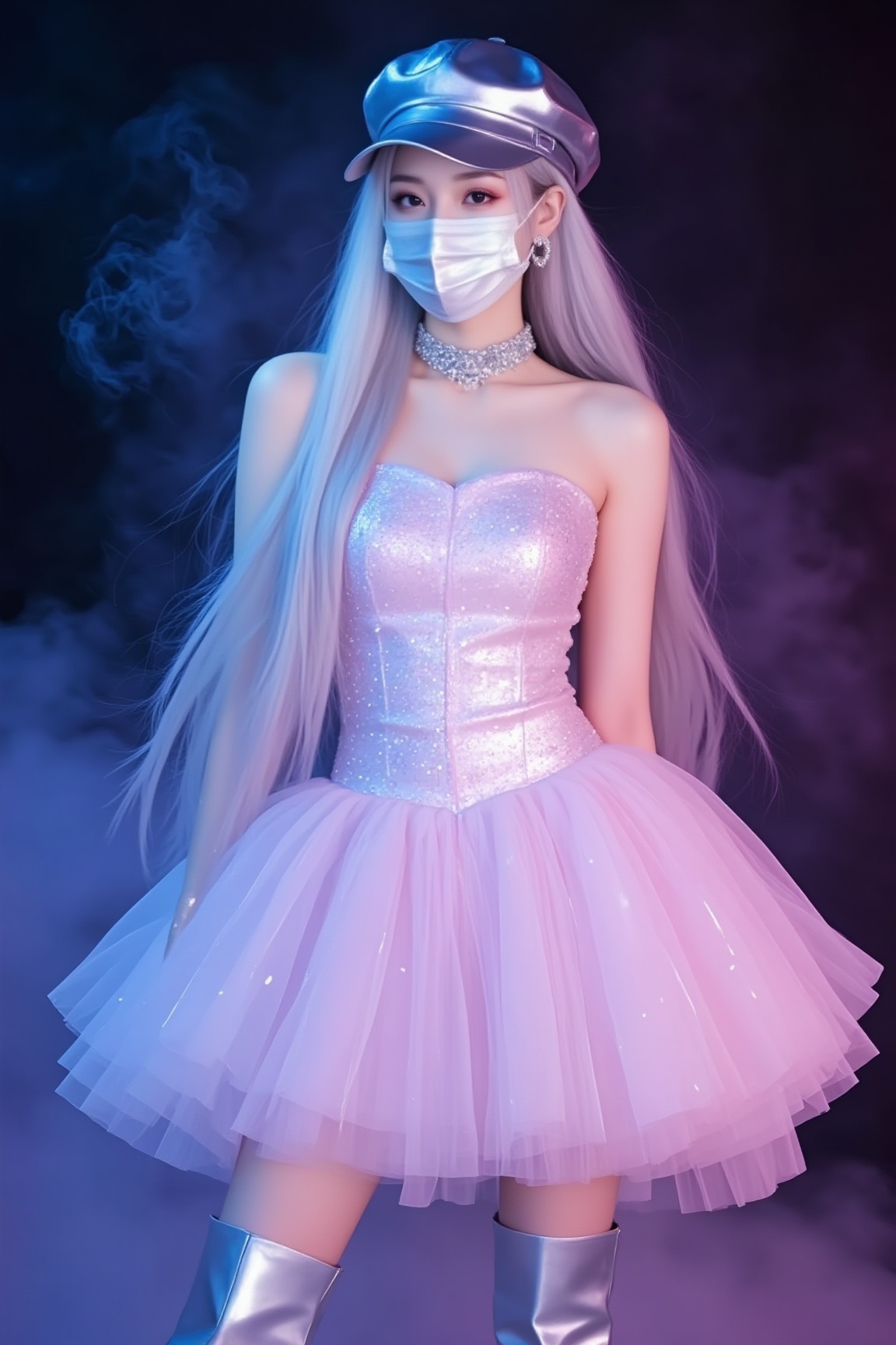 <lora:YY-拽姐F.1:1>,a young woman with a slender physique and light skin. She has long, flowing silver hair cascading over her shoulders and a shiny metallic cap on her head, adding to her futuristic, cyberpunk aesthetic. Her outfit consists of a strapless, form-fitting, pale pink dress adorned with shimmering sequins that catch the light, giving it a luminescent quality. The dress has a voluminous tulle skirt that billows out, creating a whimsical, ethereal effect. She wears a sparkling choker around her neck and a silver face mask covering her nose and mouth, which adds a touch of mystery and modernity to her appearance. Her attire is complemented by knee-high, shiny silver boots, enhancing the futuristic theme. The background is a dark, smoky environment with a blend of deep purples and blues, creating an otherworldly atmosphere. The lighting is soft and diffused, with a hint of a blue hue, adding to the dreamlike quality of the image. The overall composition and styling suggest a blend of fashion and fantasy, with a focus on futuristic elegance and mystery.
