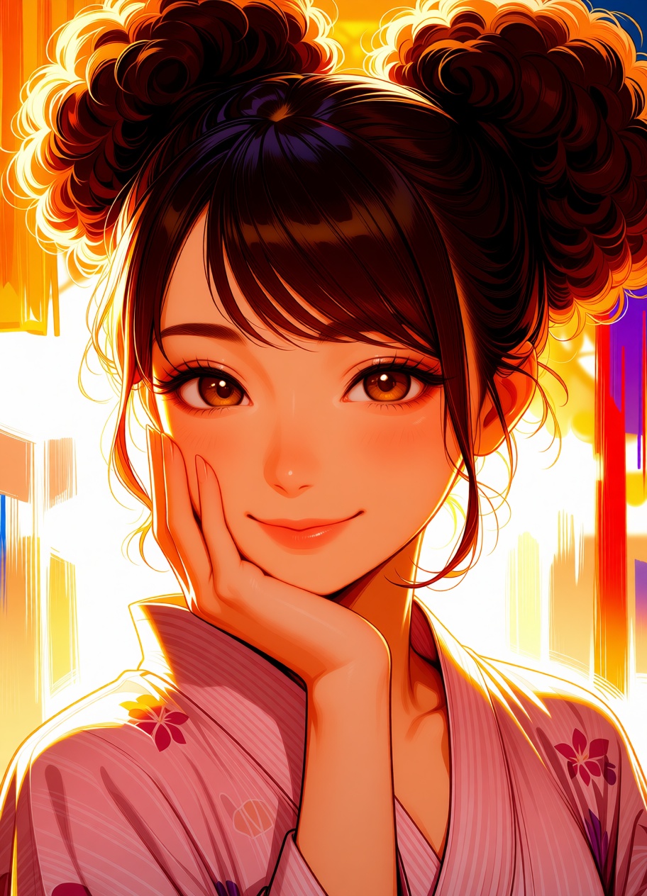 A beautiful young woman with warm brown eyes and a coy smile looks at the viewer,  one hand gently touching her cheek. She...