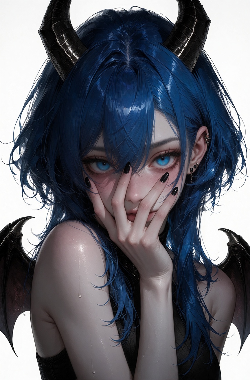 A girl with vibrant blue hair and striking cyan eyes gazes upward while partially obscuring her face with one hand,  revea...