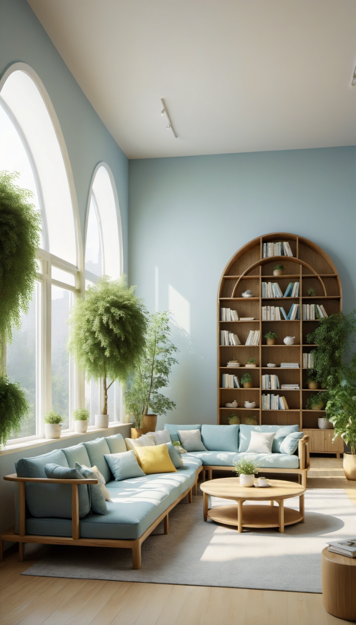 The warm Nordic-style room is decorated with light blue,  white,  and light yellow as the main colors. Chinese-style woode...