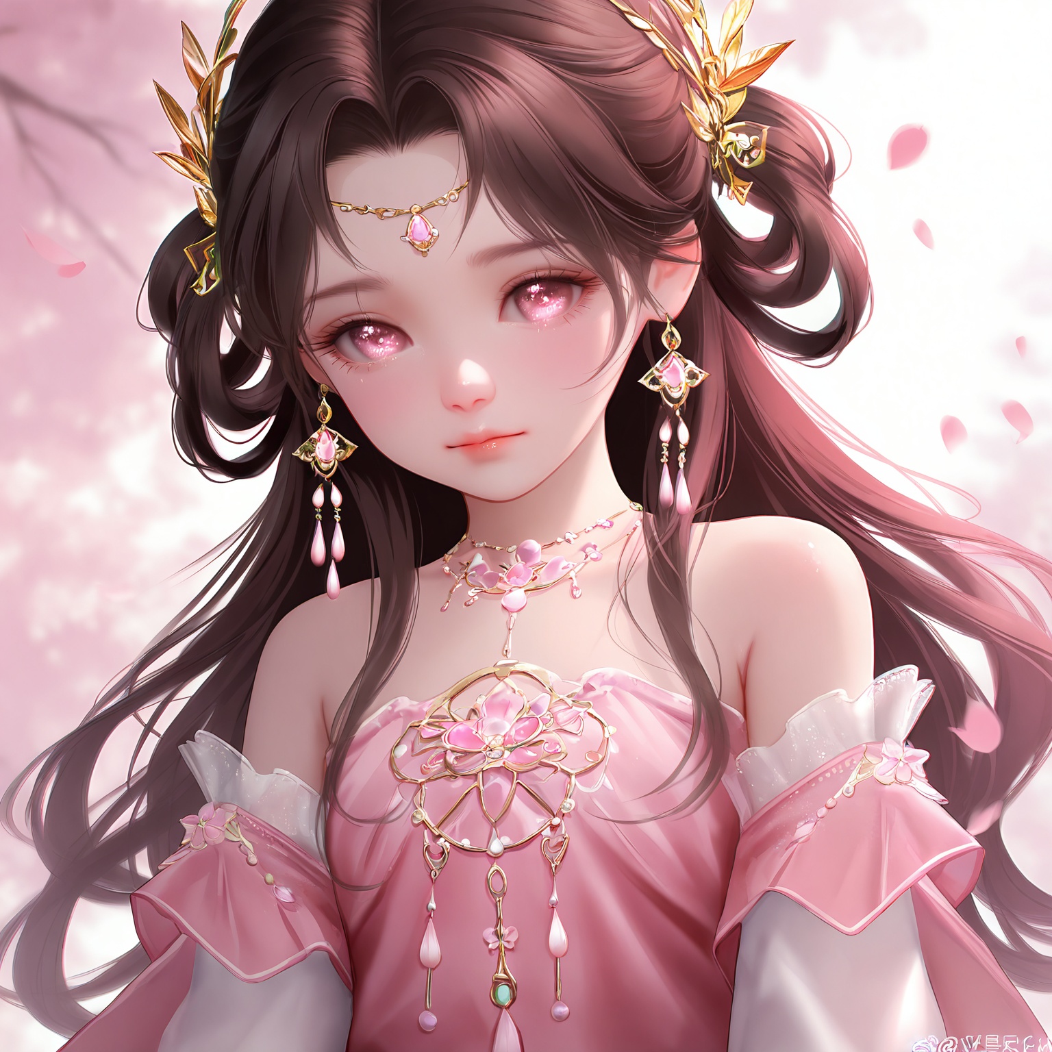 masterpiece,very aware,highres,absurdres,newest,best quality,loli,petite,high quality,chromatic_aberration,cinematic_angle,dutch angle,//,loli,1girl, solo, upper body, jewelry, hair ornament, hair rings, long hair, dress, pink dress, brown hair, earrings, necklace, bare shoulders, pink eyes, feathers, falling petals, petals, cherry blossoms, closed mouth, blurry background, pink theme, weibo username, blurry, detached sleeves//,official art,depth of field,detailed light,blurry background,best shadow,shiny skin,cinematic lighting,ray tracing,amazing quality,very aesthetic,absurdres,beast quality,ultra detailed,newest,8K,HDR,//,<lora:touxiang——【noob】hans:0.8>,