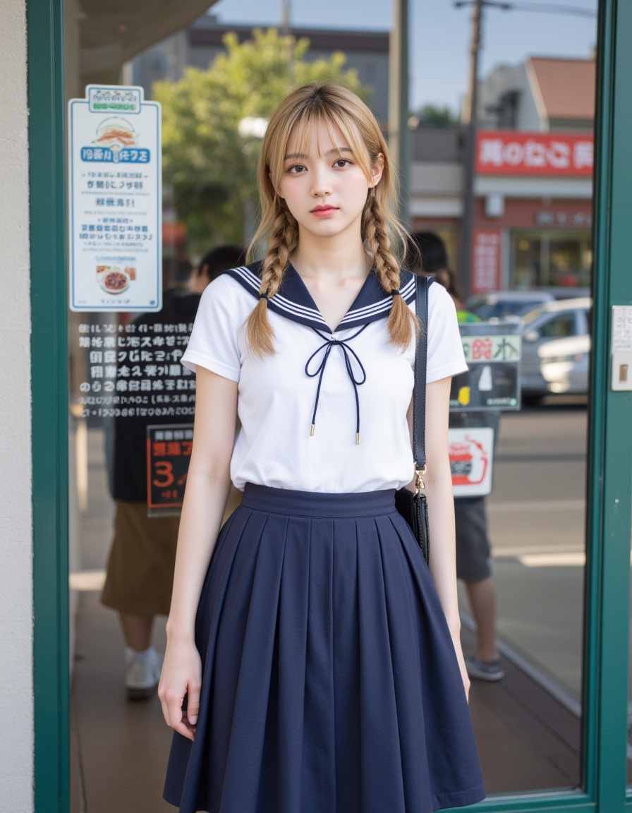 The image is a high-resolution photograph featuring a young woman standing in an urban setting,likely in Japan,based on the signage and cultural context. She has a light skin tone and long,straight,blonde hair styled in two braids. She wears a traditional Japanese schoolgirl outfit,consisting of a white short-sleeved blouse with a black sailor collar,and a pleated navy blue skirt that reaches mid-thigh. She carries a black leather handbag slung over her right shoulder. Her expression is neutral,positioned slightly below her chin.,In the background,there is a green metal door with glass panels,through which a street scene is visible. The street has a few people walking,and there are signs and advertisements in Japanese,including one for a restaurant. The overall atmosphere is casual and everyday,with a mix of modern and traditional elements. The lighting is natural,indicating it is daytime,with sunlight casting soft shadows. The image captures a blend of cultural and casual styles,typical of urban Japanese life.