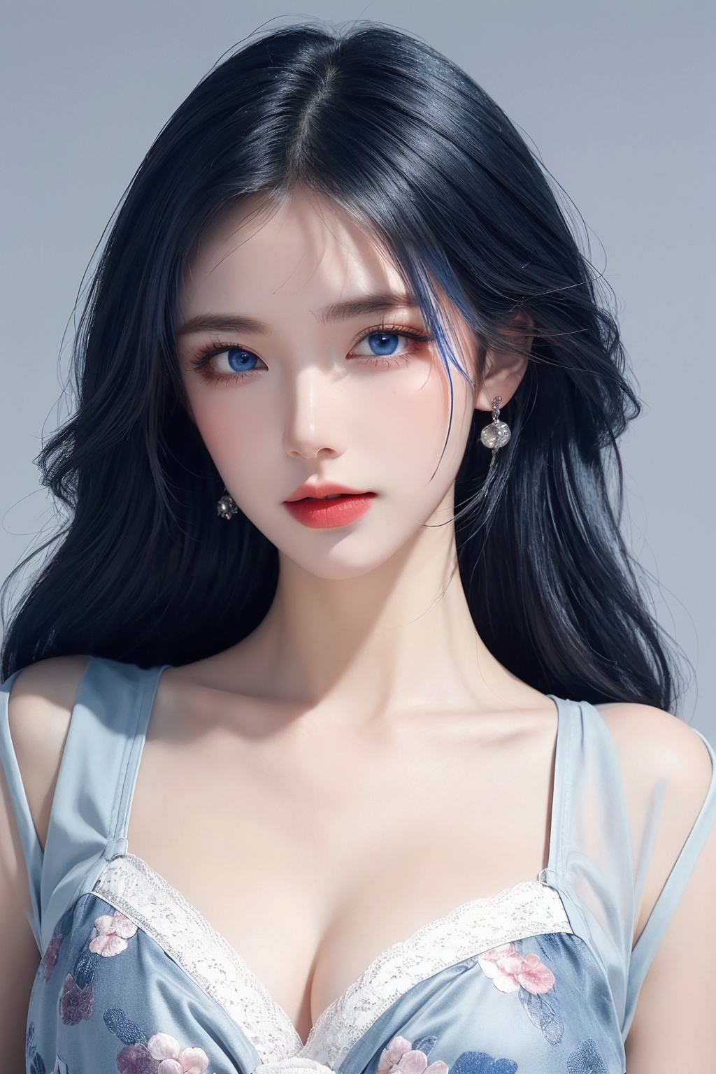 1girl, blue eyes, blue hair, bra, breasts, cleavage, collarbone, earrings, floral print, grey background, jewelry, lace, lace-trimmed bra, lace bra, lace trim, large breasts, long hair, looking at viewer, solo, underwear, upper body ,(blue eyes and blue hair beauty:1.2)  <lora:蓝色:1>