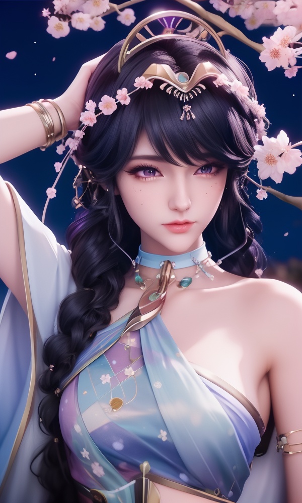 (,1girl, ,best quality, ),looking at viewer, <lora:375-DA-神印王座-龙皓晨-女装:0.8> ,, ,masterpiece,(( , )),, realistic,science fiction,mole,,ultra realistic 8k cg, flawless,tamari \(flawless\),  ,cherry blossoms,,night, night sky, crescent moon, moonlight,,(facing viewer, looking at viewer, , ),  (()), (),