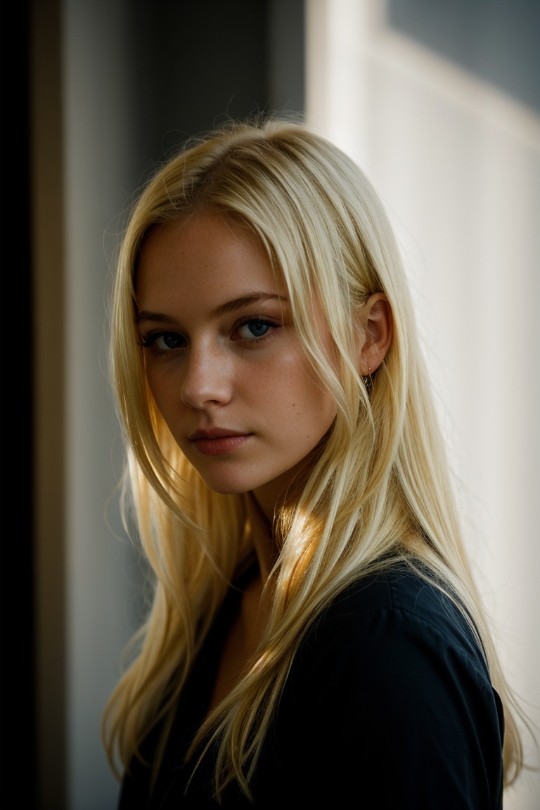 blonde girl,  light contrast,  hard shadows on Tensor.Art