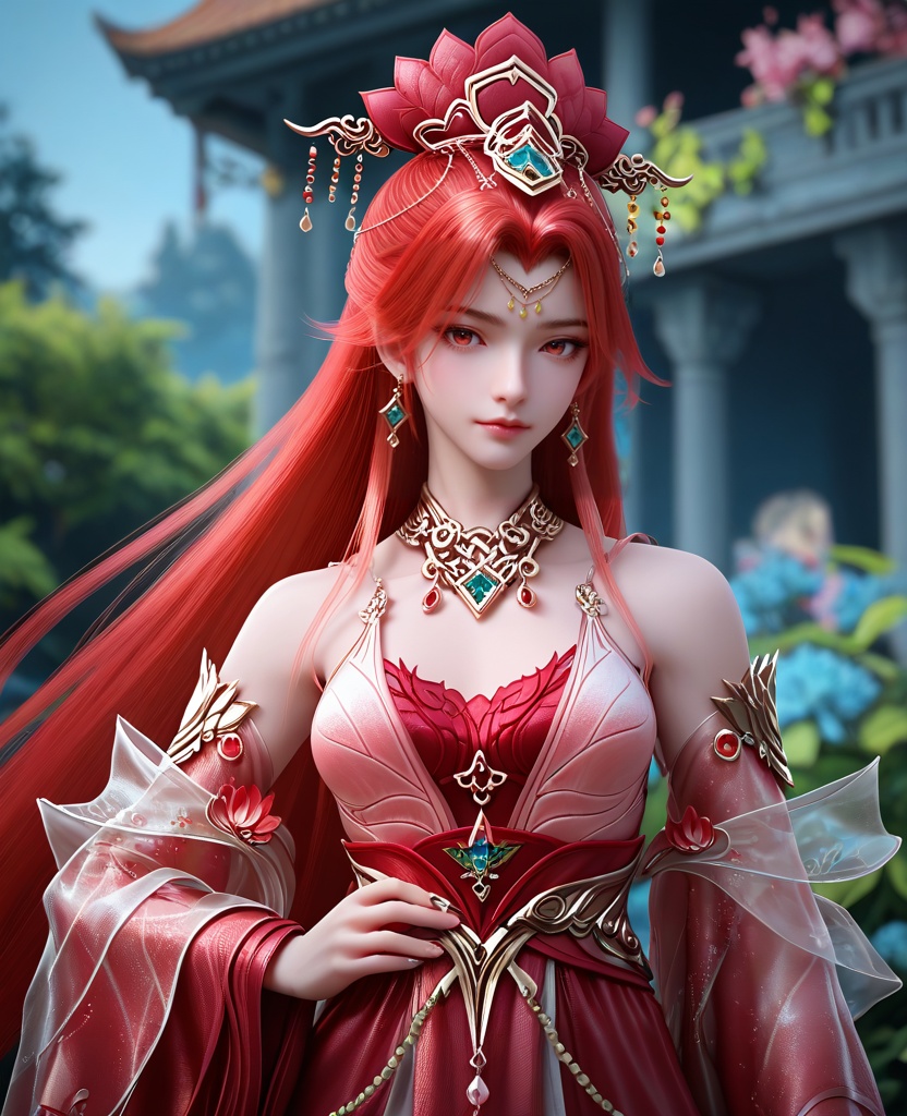 (oriental architecture, elegant decor, sophisticated style:1.1),Super Strength Pose: Flexing muscles with a determined look, ready to showcase incredible strength,,(breasts:1.2),<lora:XL16完美世界戚琳:0.95>,miss qilin,red dress,red eyes,red hair,very long hair,hair ornament,traditional chinese updo with long front strands,earrings,jewelry,red bra,bare shoulders,choker,sash,, zPDXL2, score_9, score_8_up, score_7_up BREAK realistic, masterpiece,best quality, highly detailed,, zPDXL3, zPDXL2,zPDXL, zPDXLxxx, zPDXLrl,